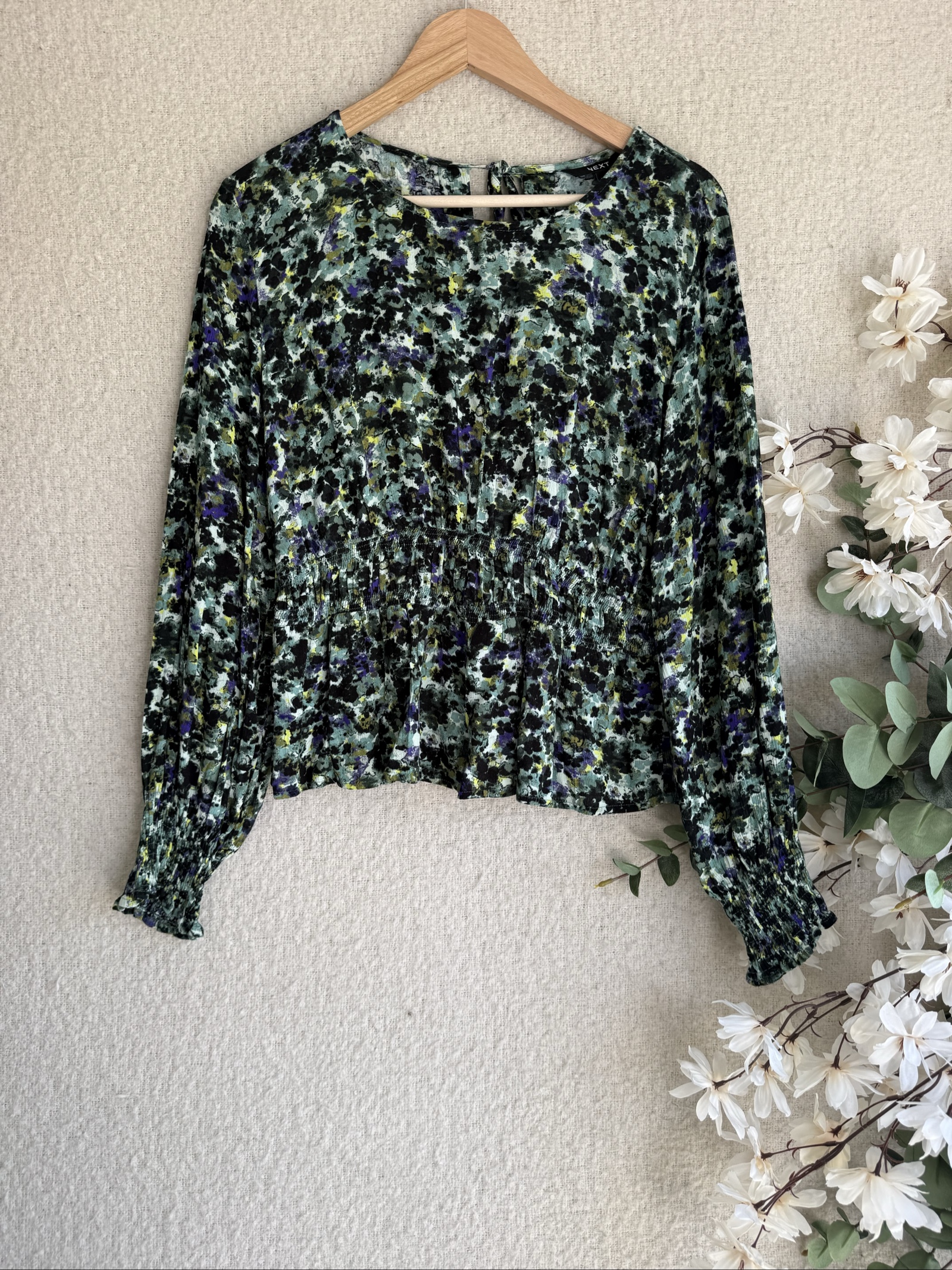 Next Green Black Blue Floral Print Long Sleeve Top UK 14 Lightweight Blouse