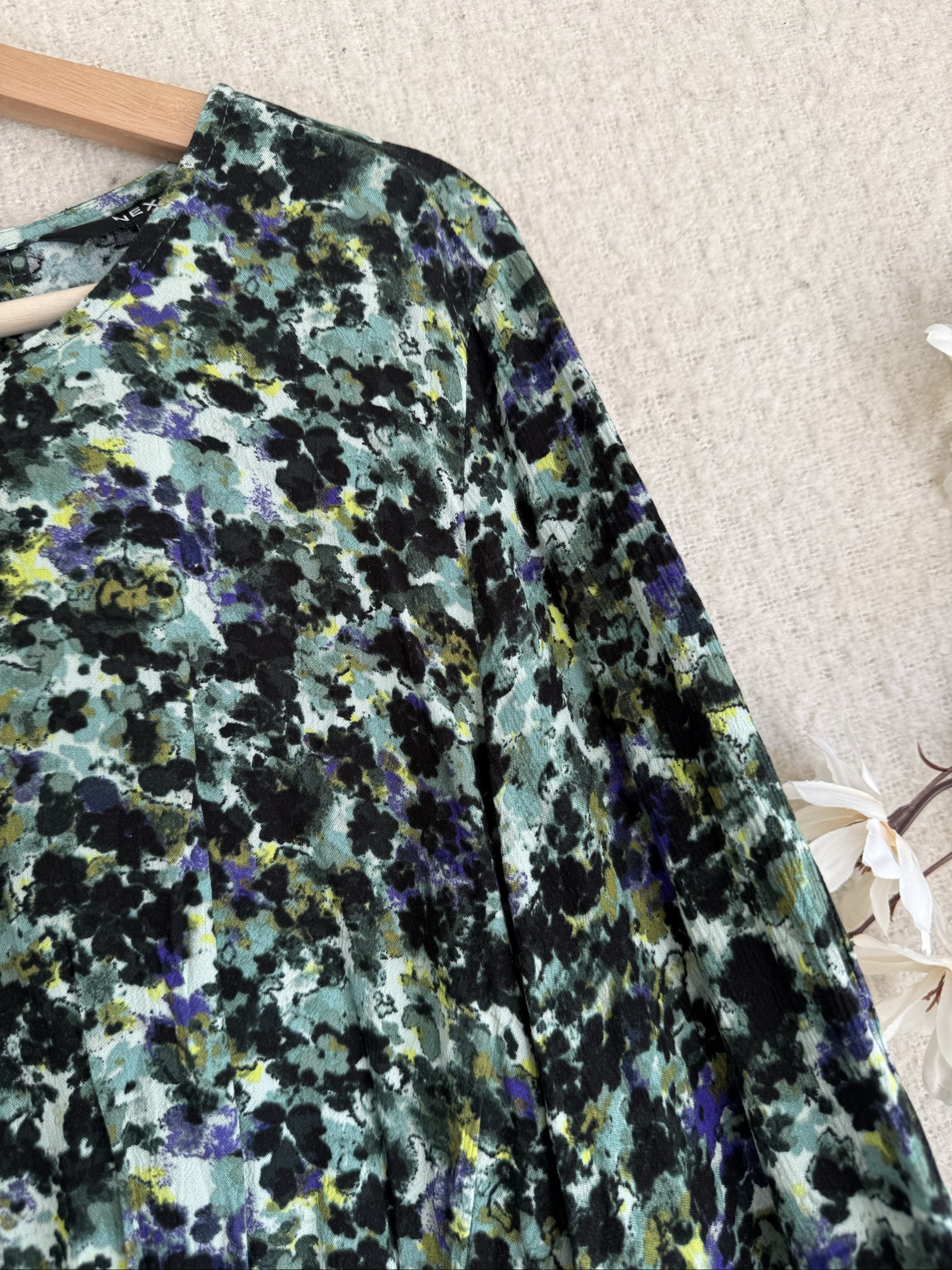 Next Green Black Blue Floral Print Long Sleeve Top UK 14 Lightweight Blouse image 2