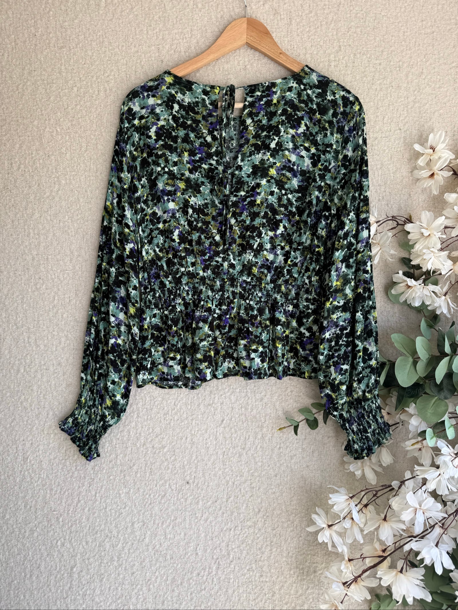 Next Green Black Blue Floral Print Long Sleeve Top UK 14 Lightweight Blouse image 4