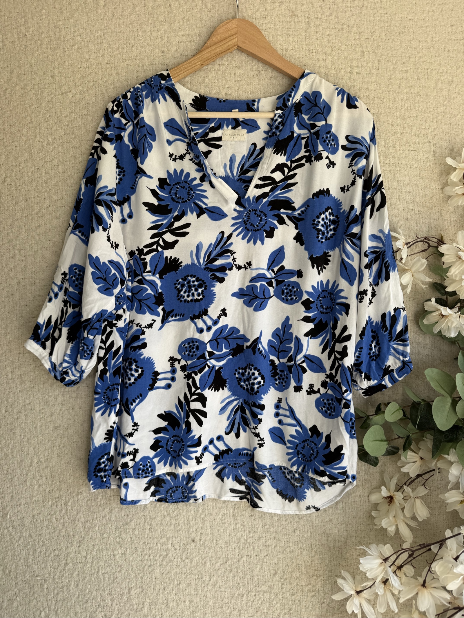 Milano Blue & Black Floral Viscose Top UK 10 Relaxed Fit 3/4 Sleeves