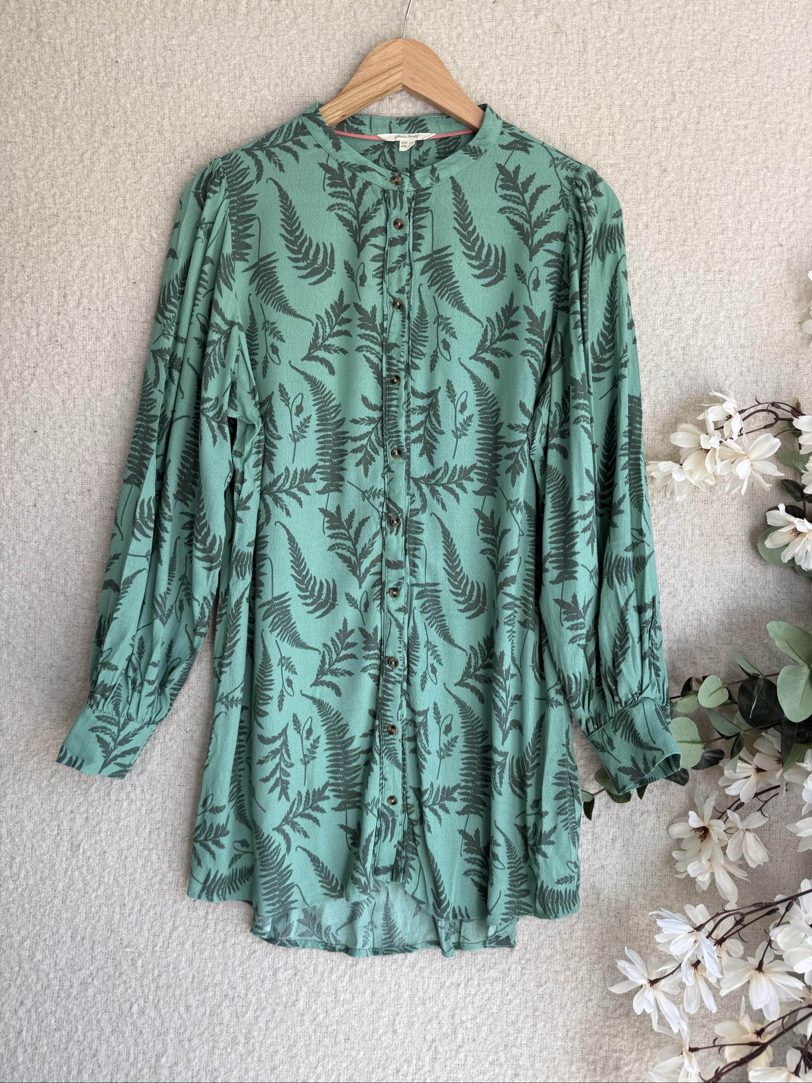 White Stuff Green Leaf Print Long Sleeve Shirt UK 12 Relaxed Fit Stylish