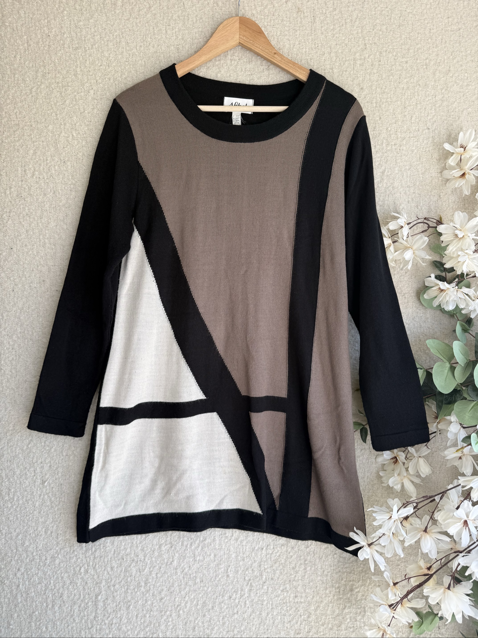Afibel Brown Black & White Colour Block Knit Jumper UK 14 Soft Acrylic