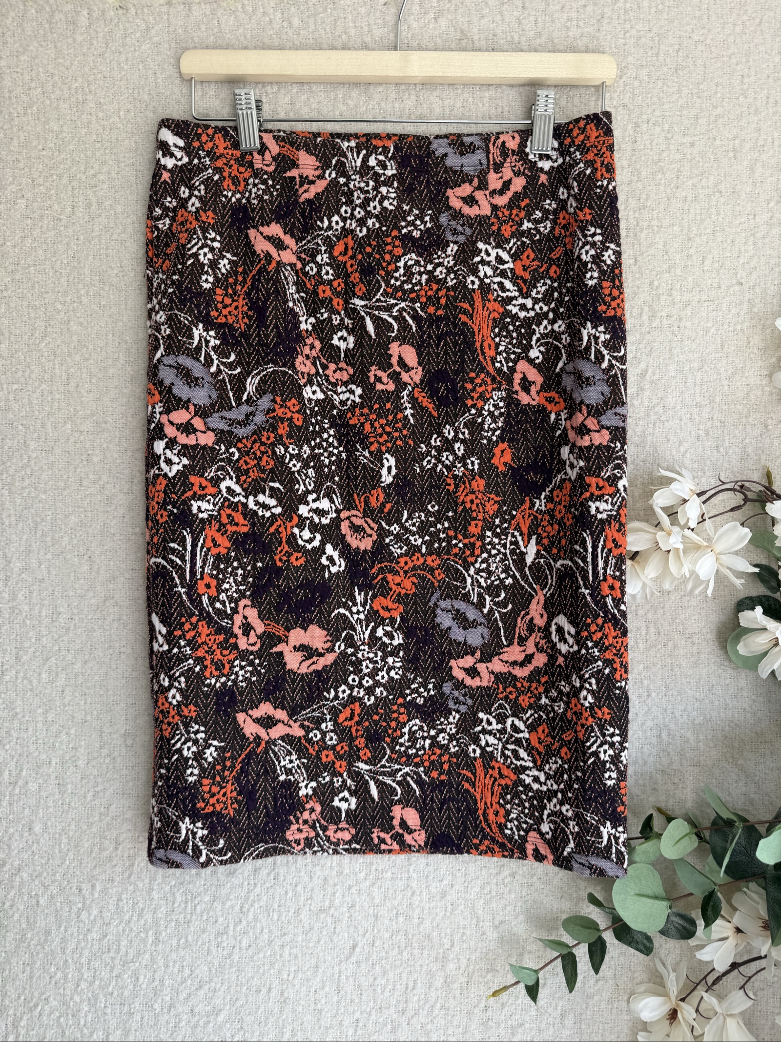 Tu Floral Print Pencil Skirt UK 10 Brown Orange White Stylish Workwear
