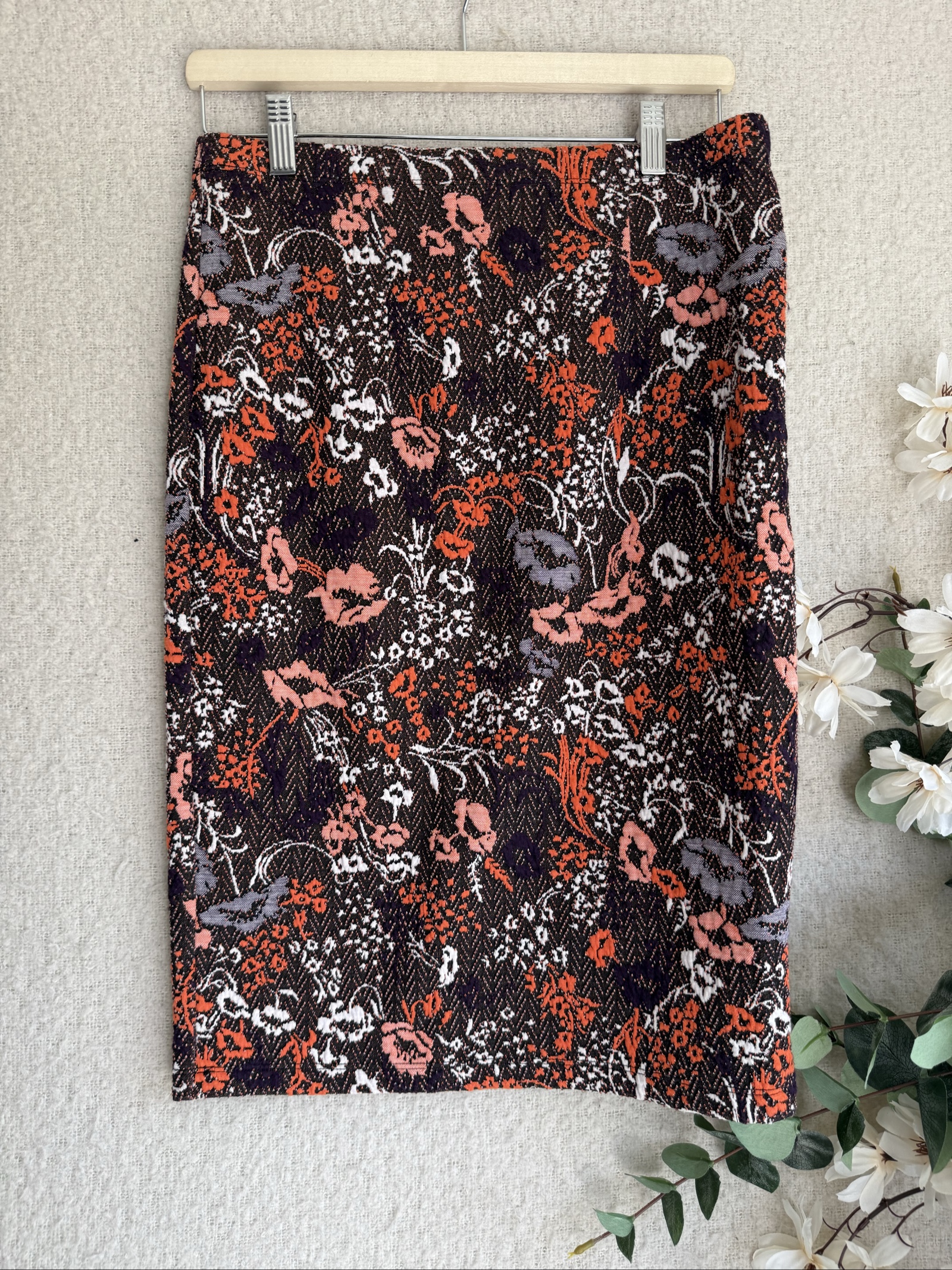 Tu Floral Print Pencil Skirt UK 10 Brown Orange White Stylish Workwear image 4