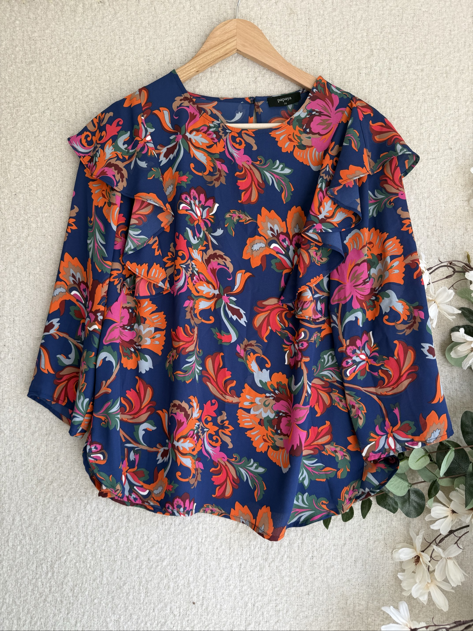 Papaya Navy Multi Floral Ruffle Sleeve Blouse UK 14 Lightweight Top