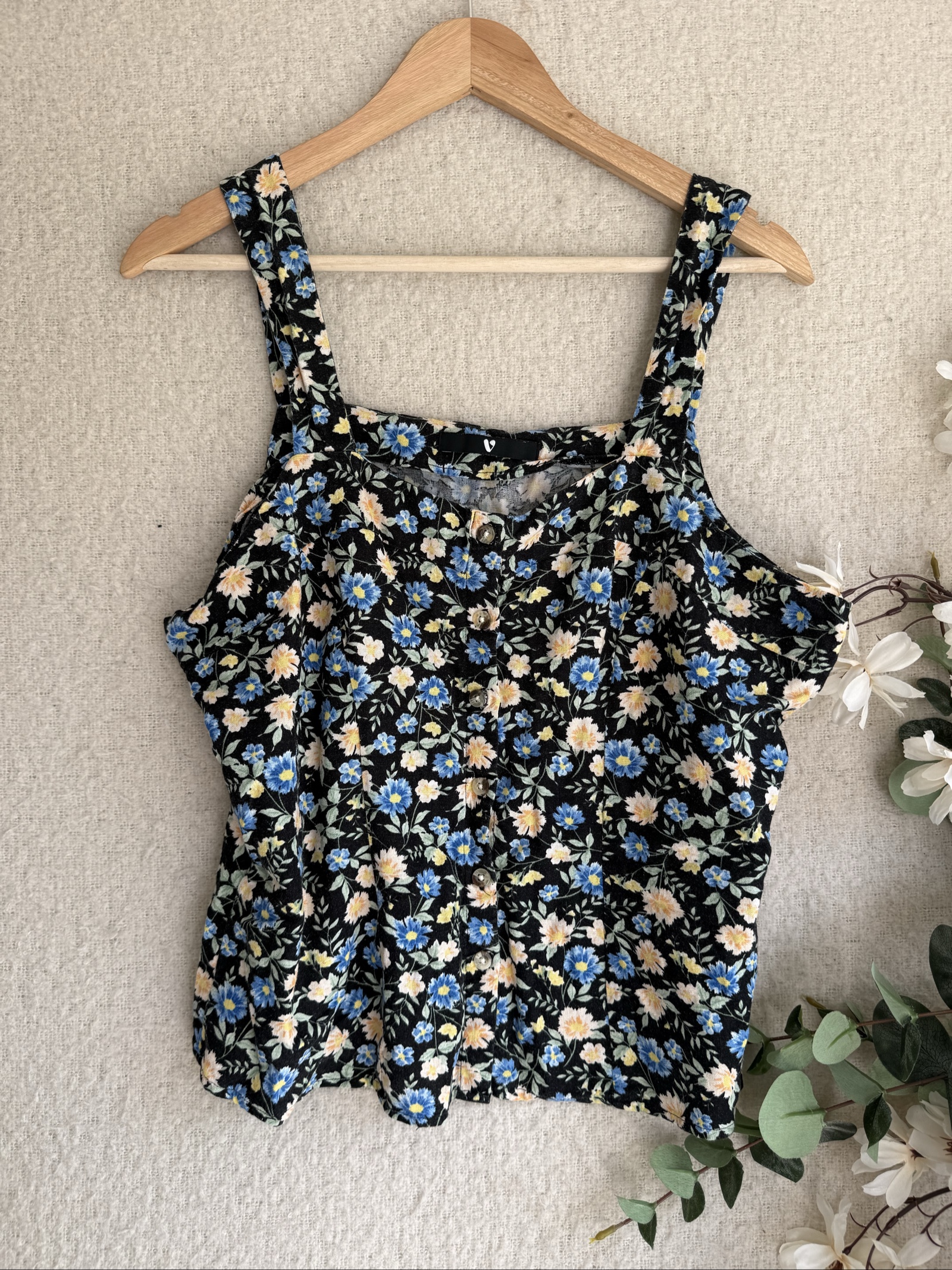 V Black & Blue Floral Button Front Summer Top UK Medium Floral Print