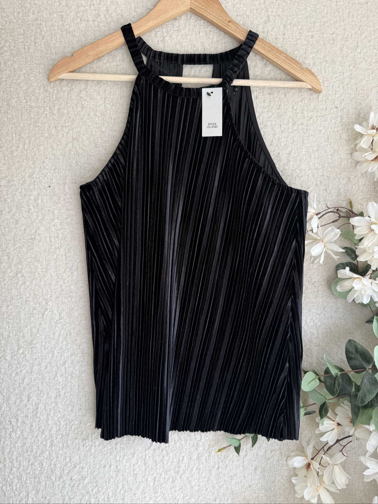 River Island Black Velvet Pleated Vest Top UK 12 Cocktail Elegant