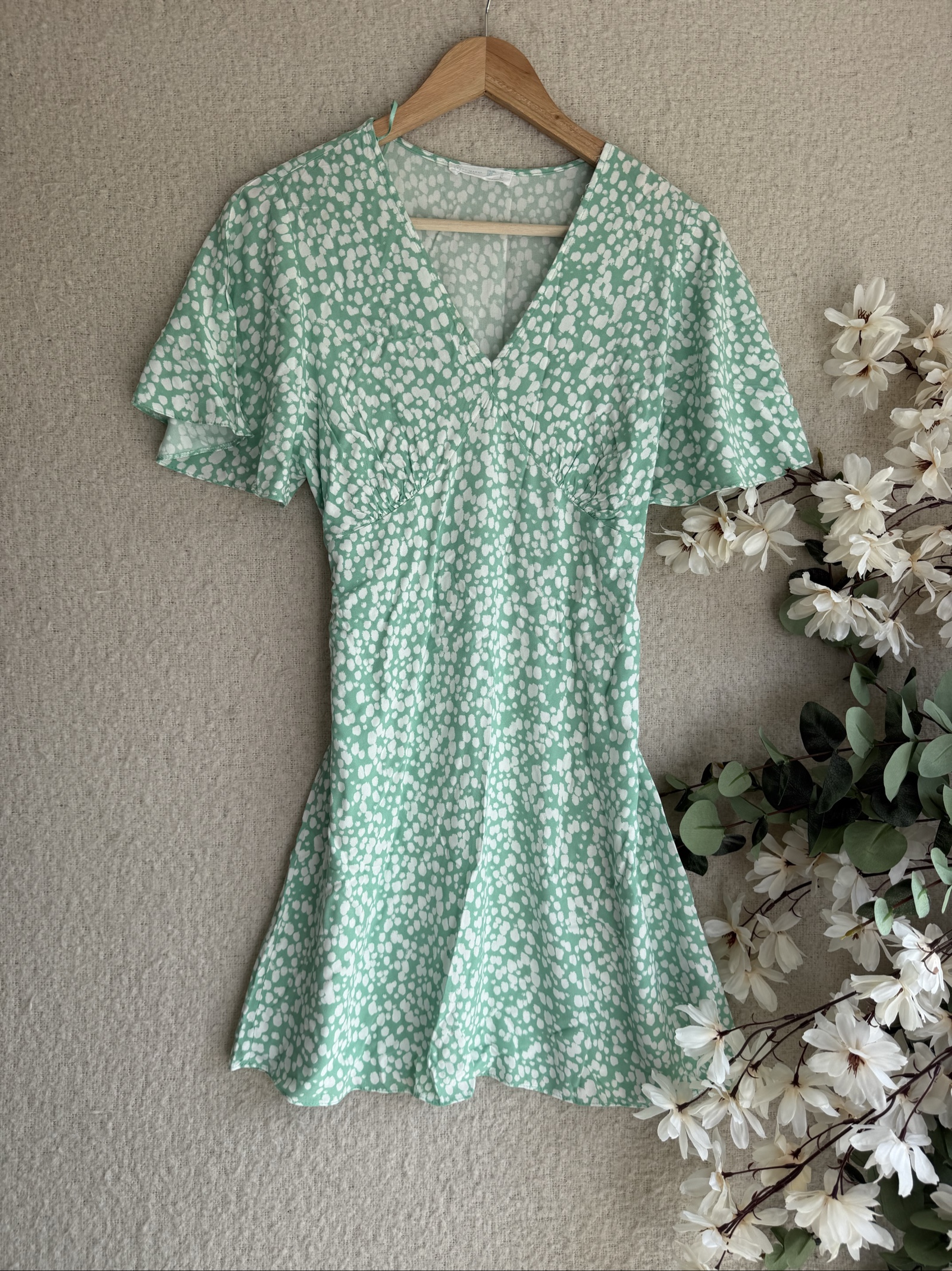 Primark Mint Green & White V-Neck Polka Dot Mini Dress UK 12 Cute Summer Style