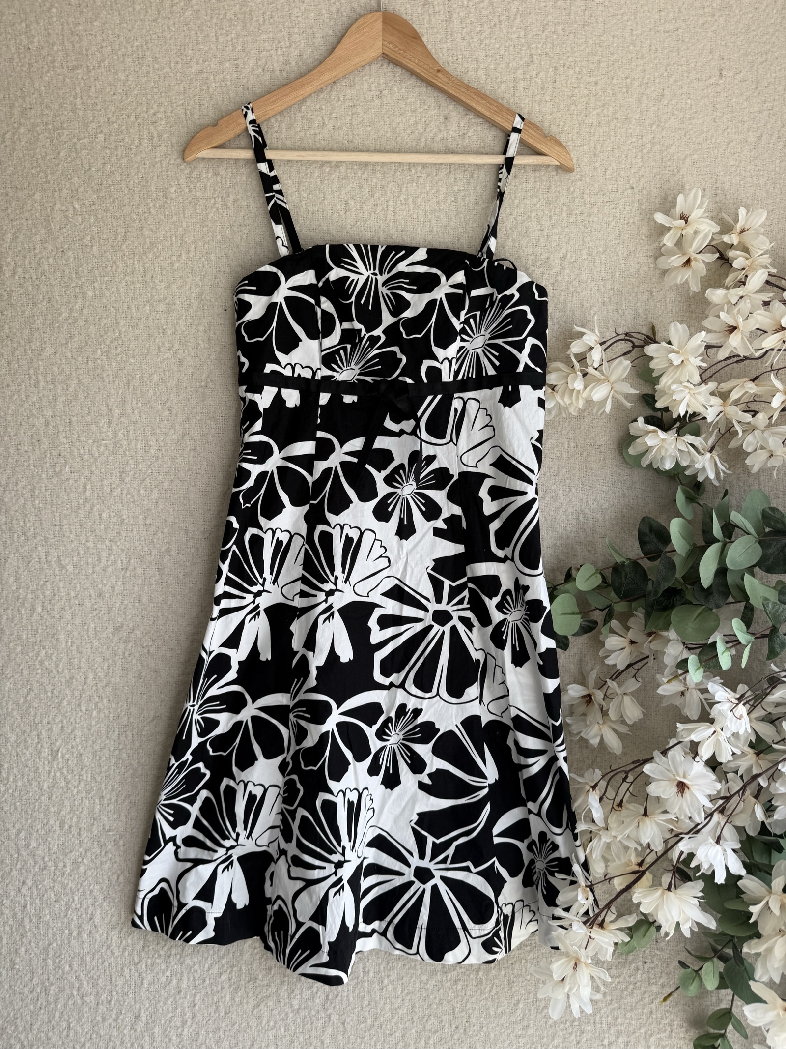 F&F Black & White Floral Print Summer Dress UK 12 Strappy Casual Sundress