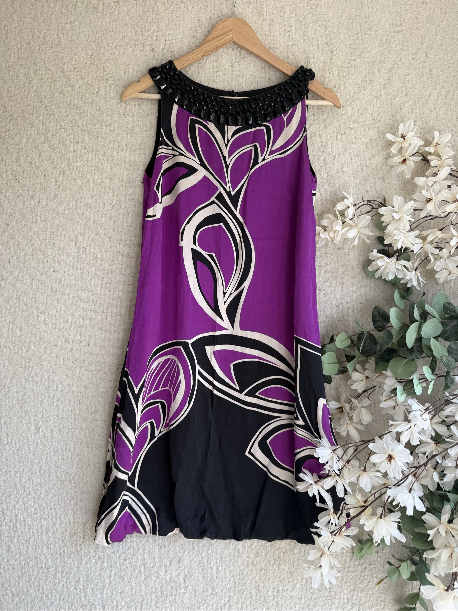 Monsoon Purple & Black Embellished Neck Floral Print Dress UK 12 Elegant