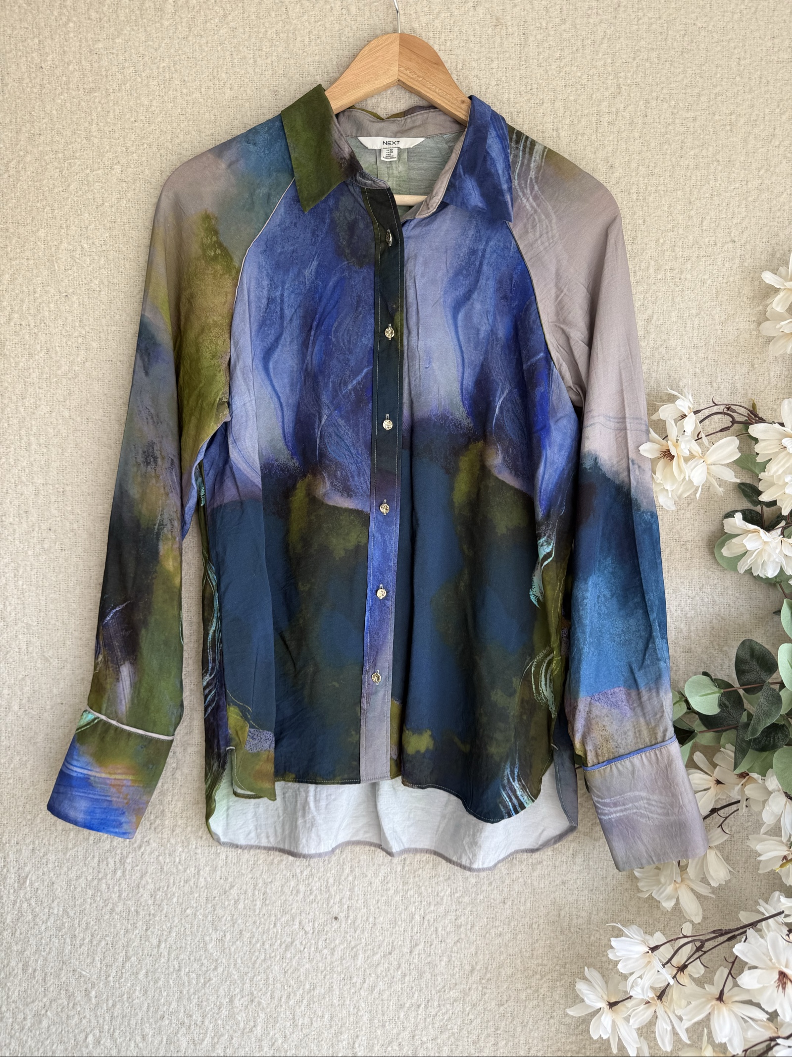 Next Blue & Green Abstract Print Shirt UK 10 Stylish Long Sleeve Blouse