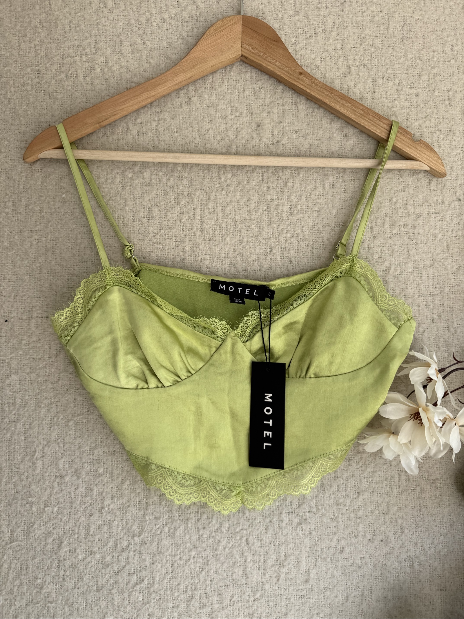 Motel Green Lace Trim Crop Top UK Small Satin Feel Strappy Summer Top