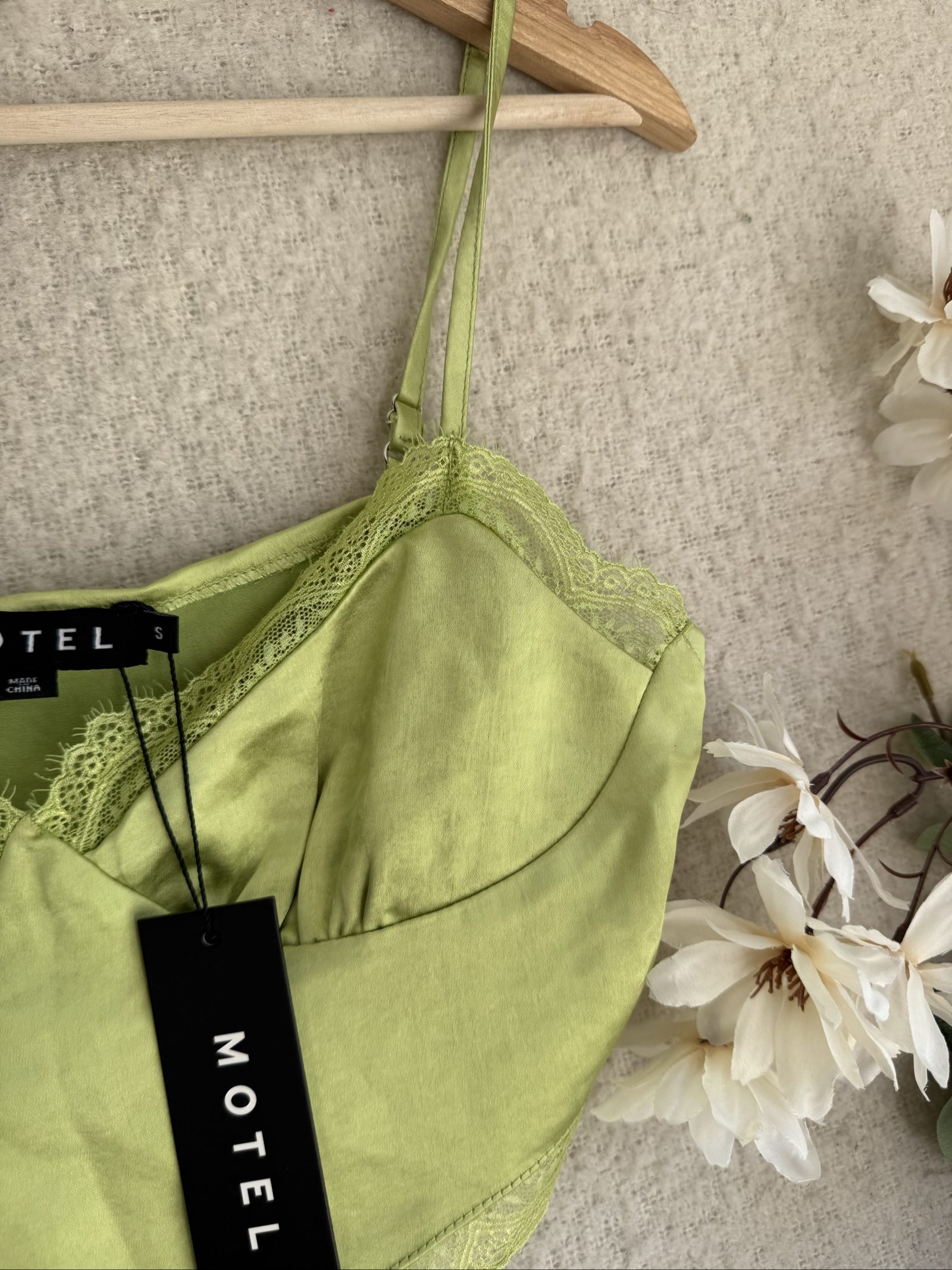 Motel Green Lace Trim Crop Top UK Small Satin Feel Strappy Summer Top image 2