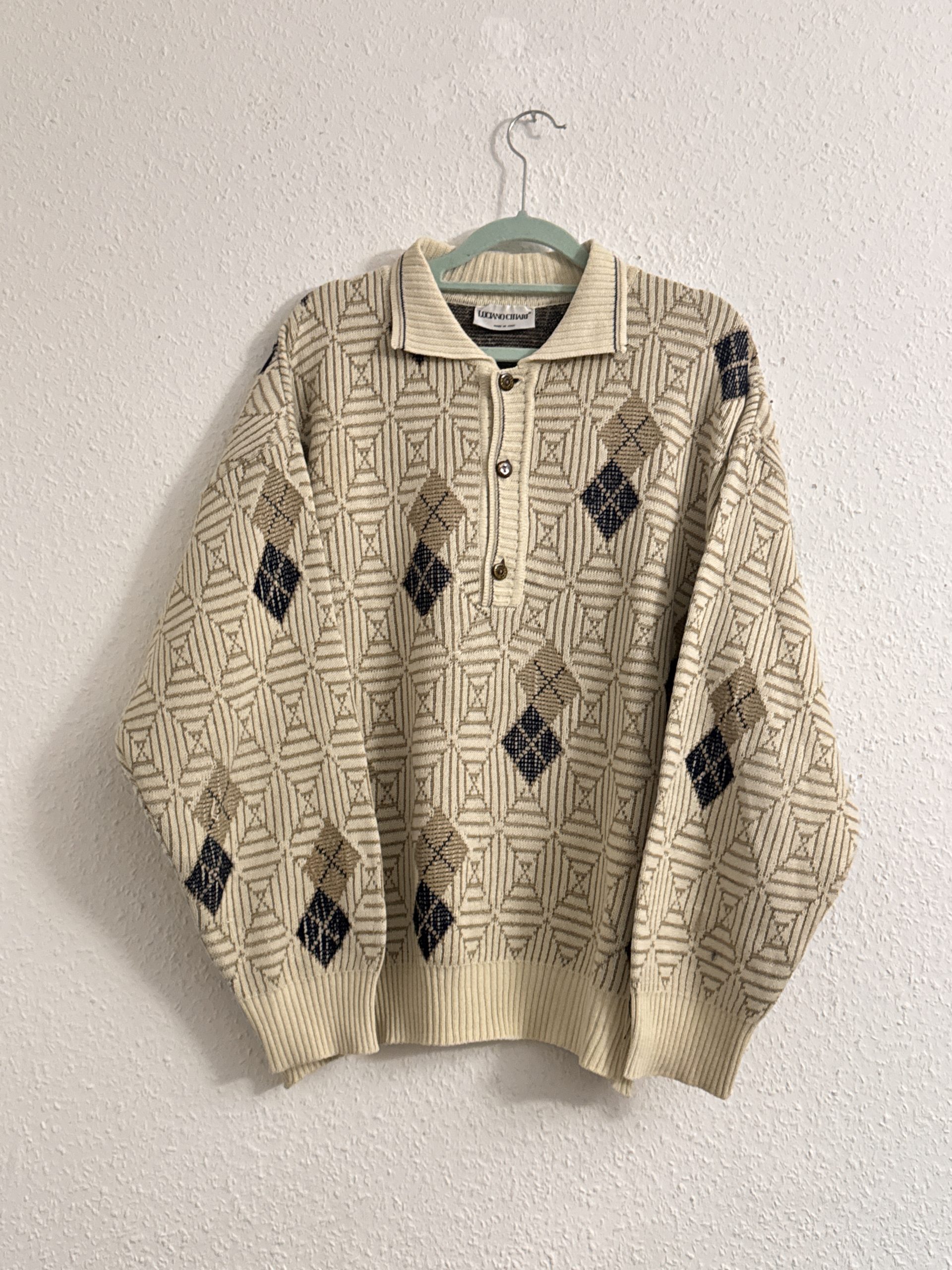 Ungaro Beige & Brown Patterned Knit Polo Sweater M 2857