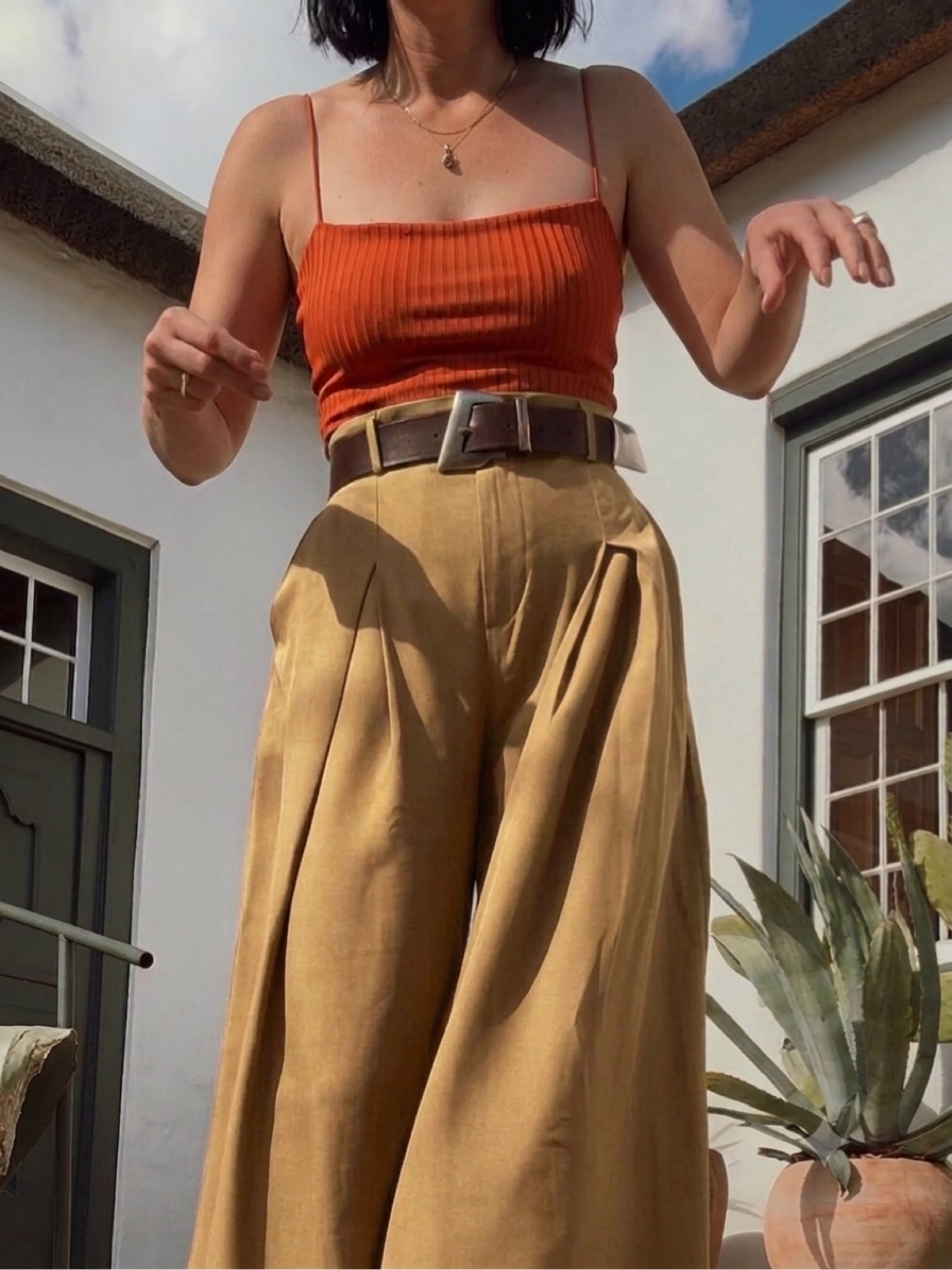 Rust Ribbed Crop Top Spaghetti Strap Small Stylish