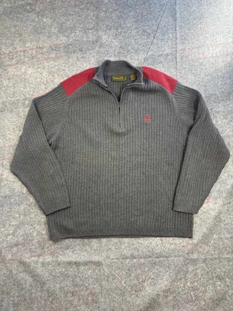Timberland Grey Ribbed Half Zip Sweater Red Details Large