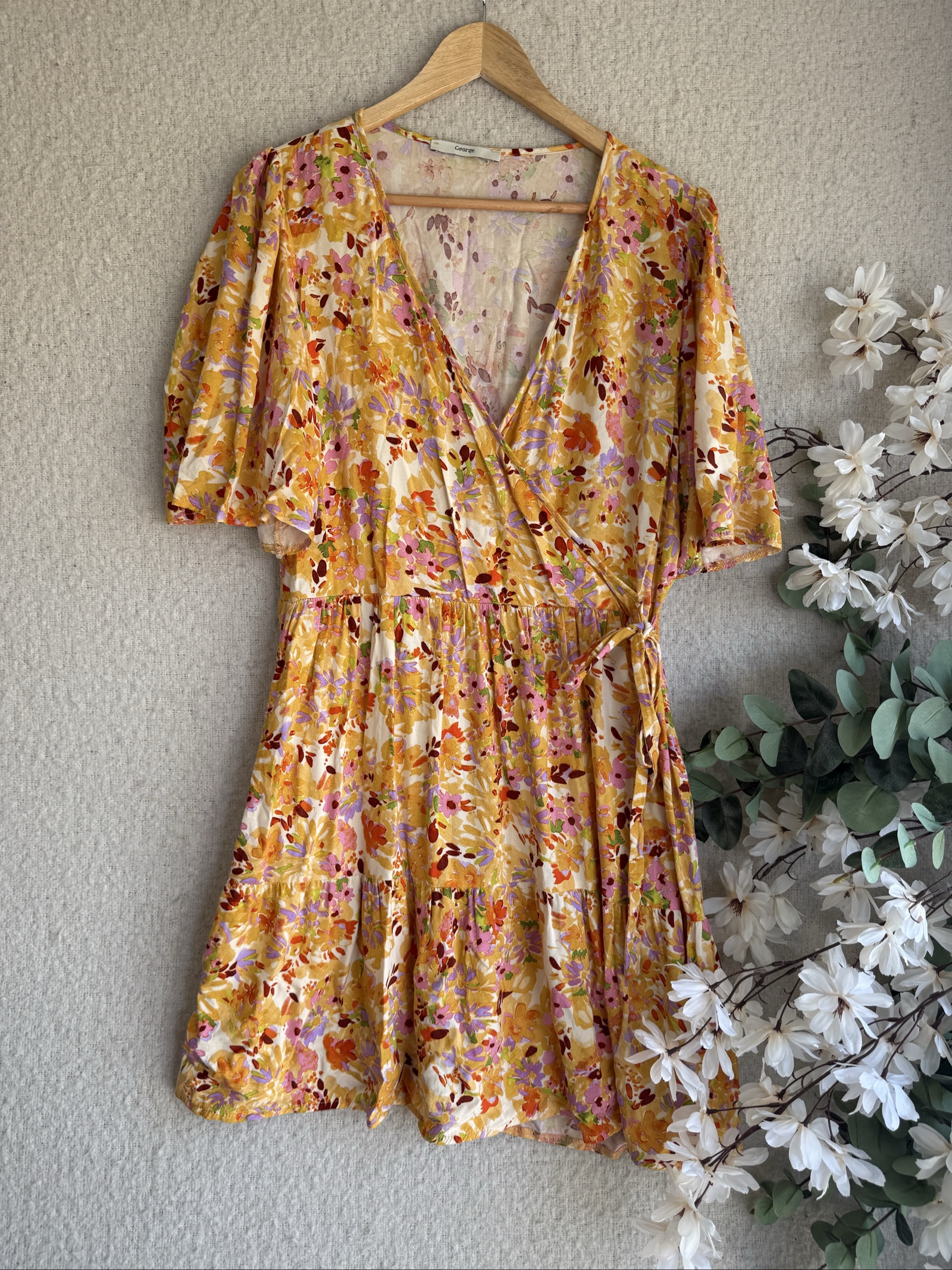George Yellow Floral Wrap Dress UK Medium Summer Casual Lightweight Tie Waist