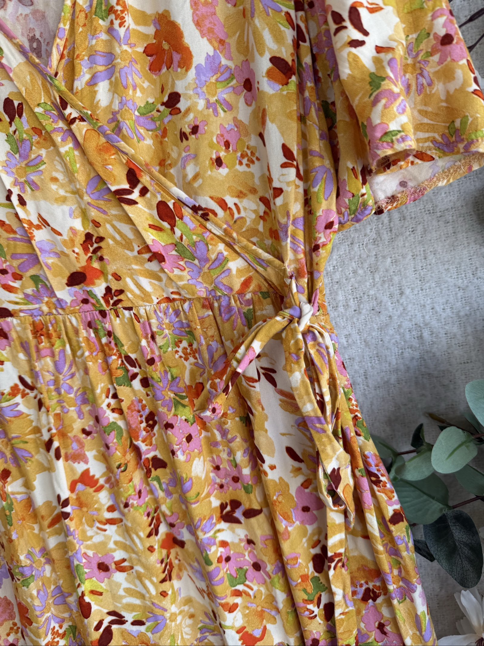 George Yellow Floral Wrap Dress UK Medium Summer Casual Lightweight Tie Waist image 4