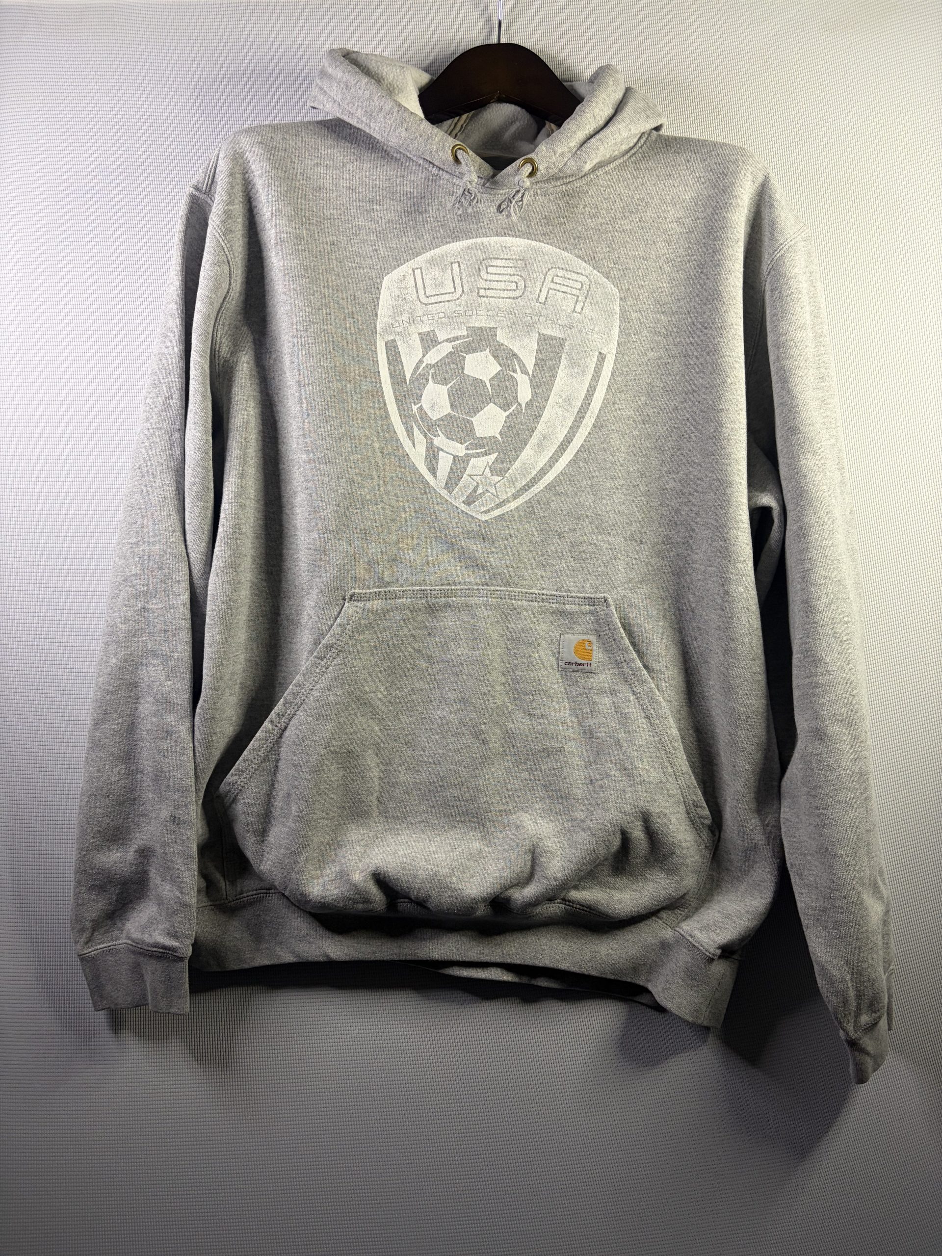 Carhartt Loose Fit Hoodie Sweatshirt Cotton Grey Mens Large USA Soccer Graphic Vintage