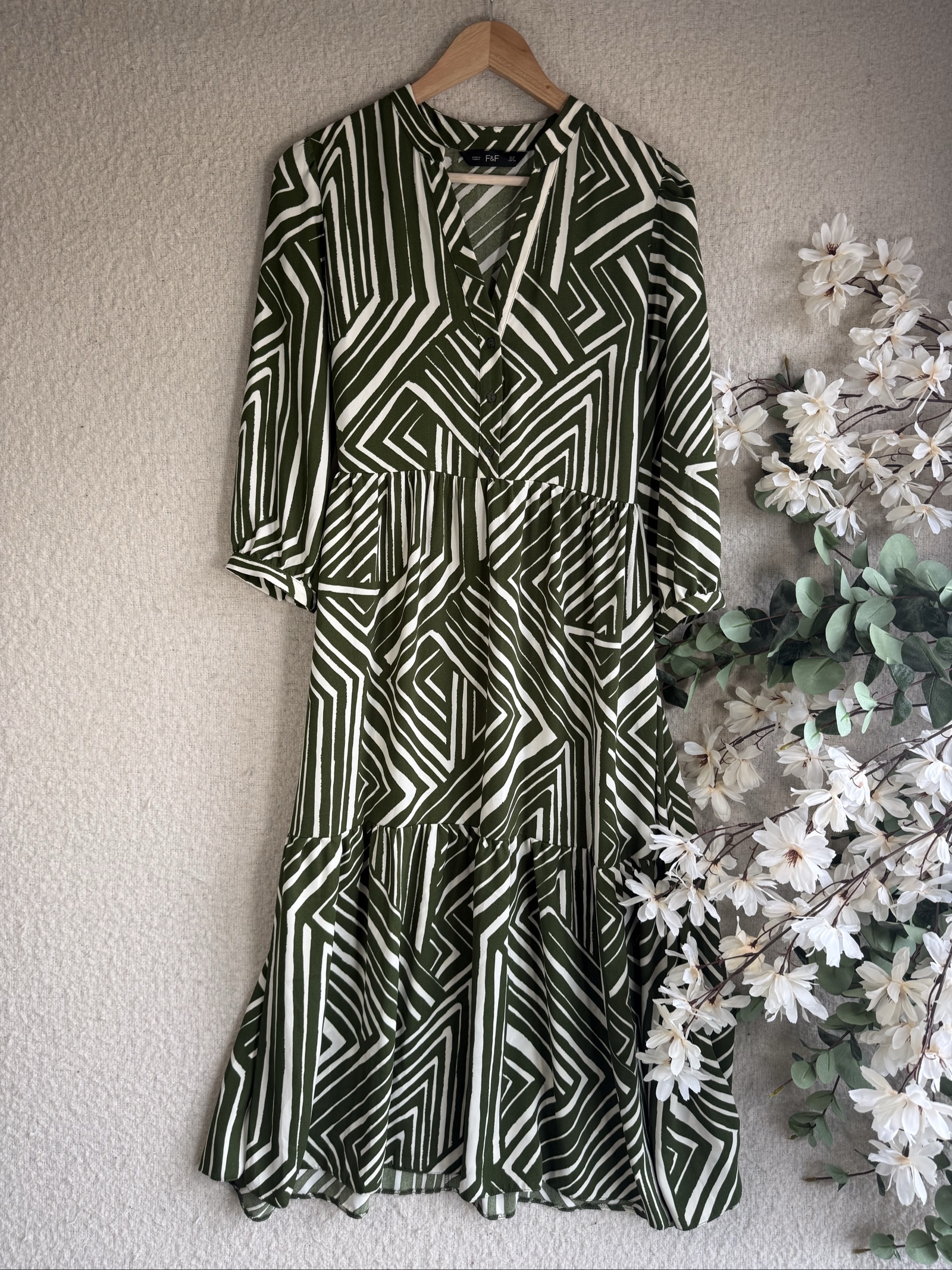F&F Green & White Patterned Midi Dress Uk 12 Button Front Long Sleeve