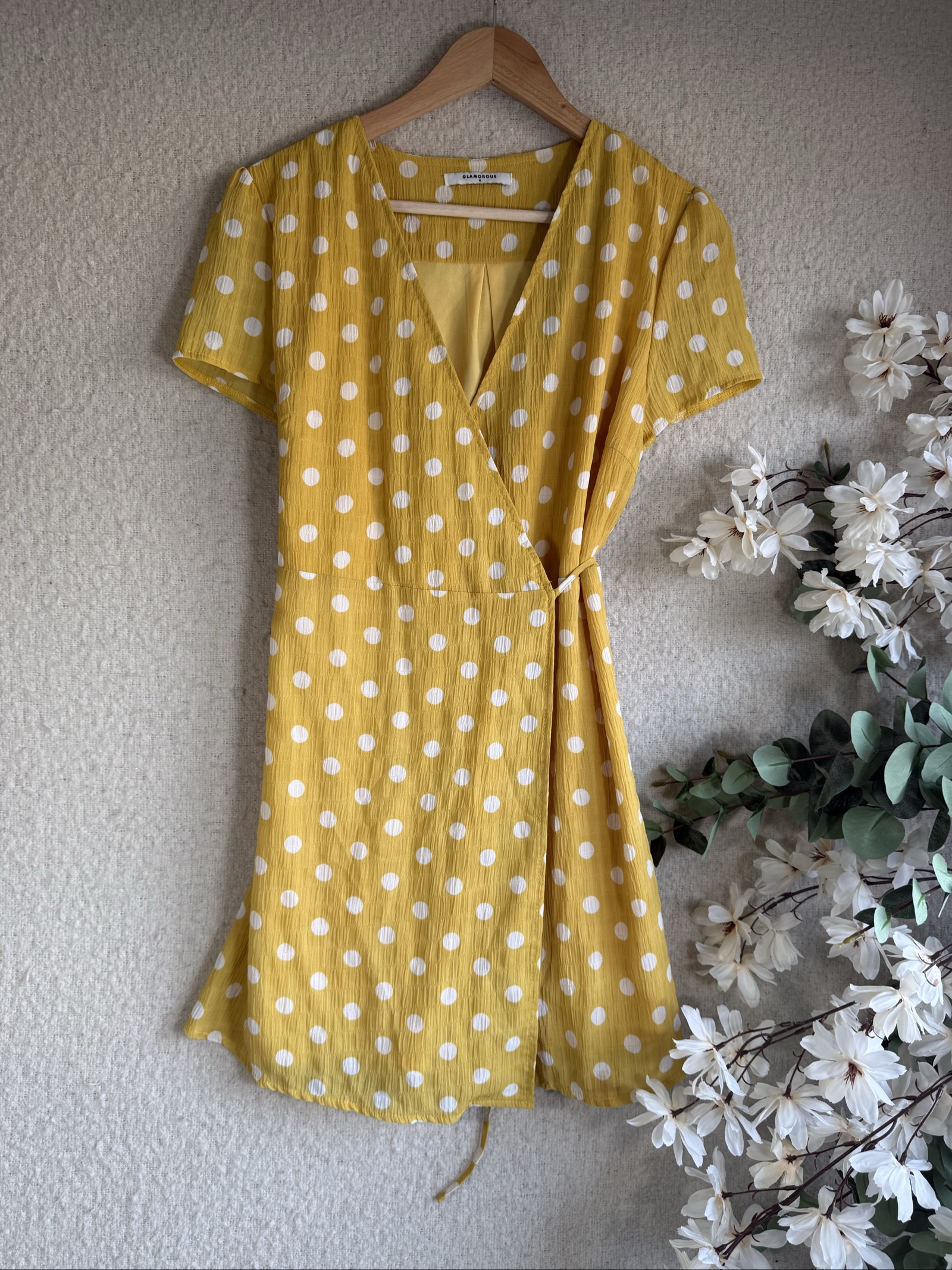 Glamorous Yellow & White Polka Dot Wrap Dress UK 10 Short Sleeve Summer