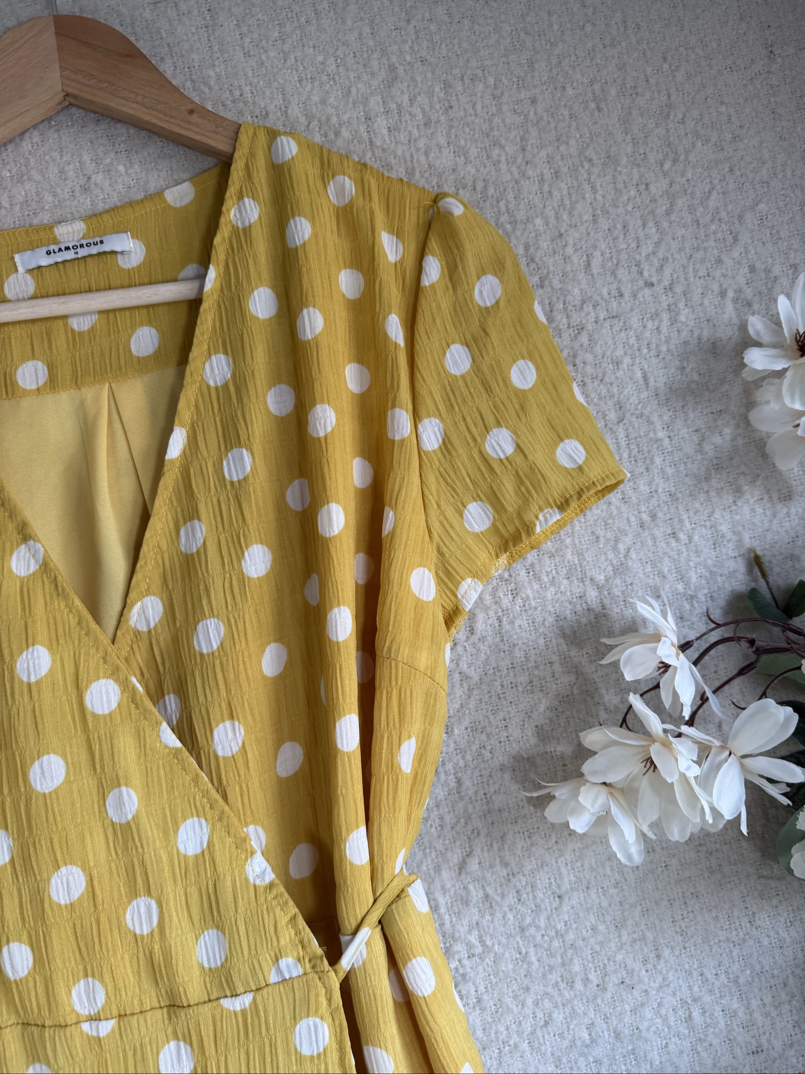 Glamorous Yellow & White Polka Dot Wrap Dress UK 10 Short Sleeve Summer image 2