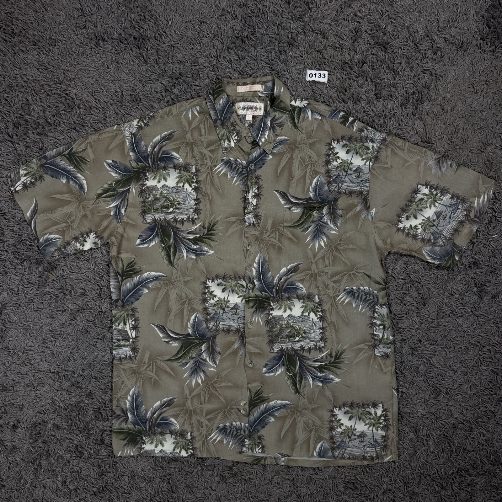 Cobra Casual Grey & Green Hawaiian Shirt Large 100% Rayon