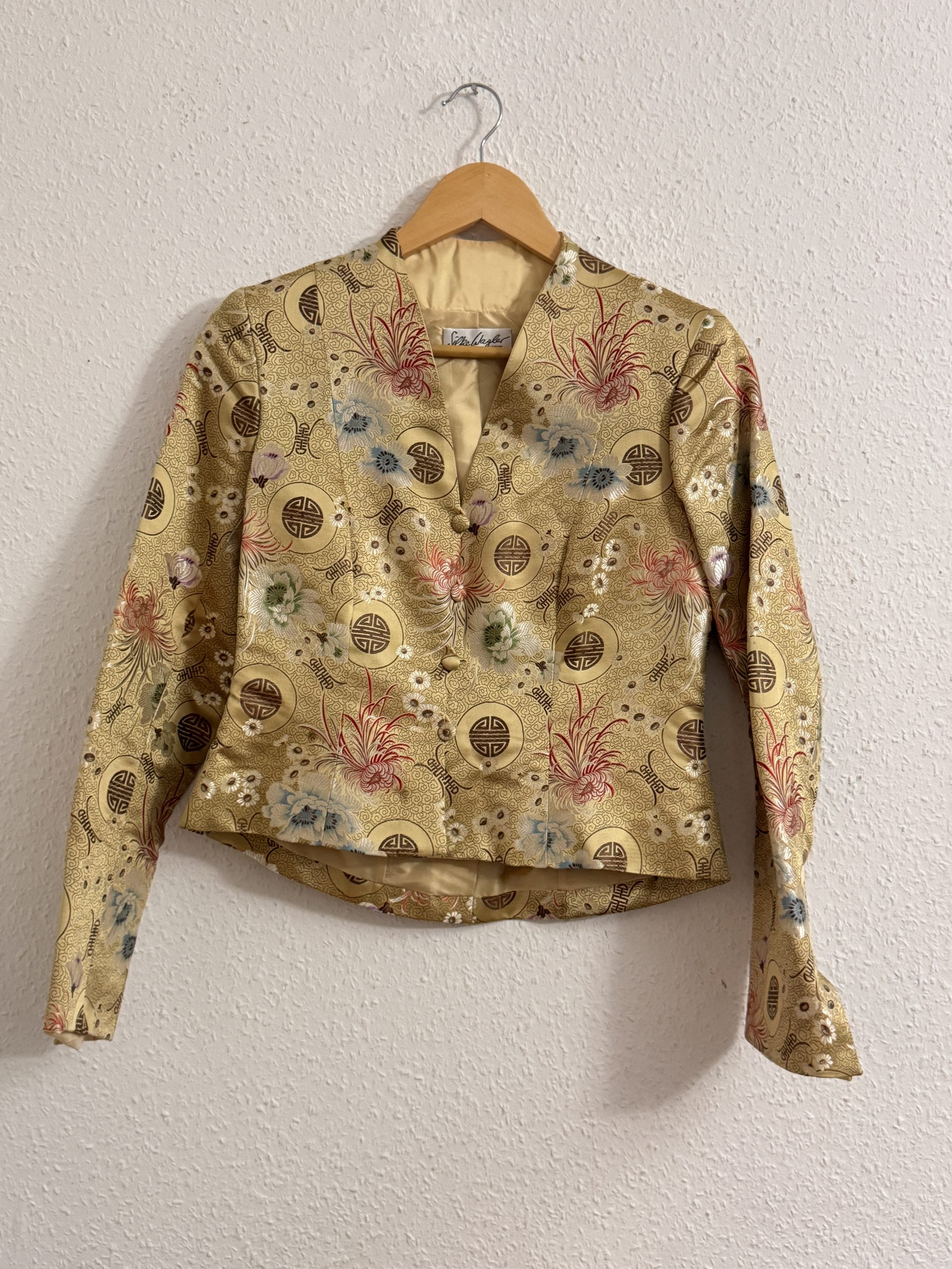 Vintage Beige Gold Floral Brocade Jacket M Embroidered Buttons 2868