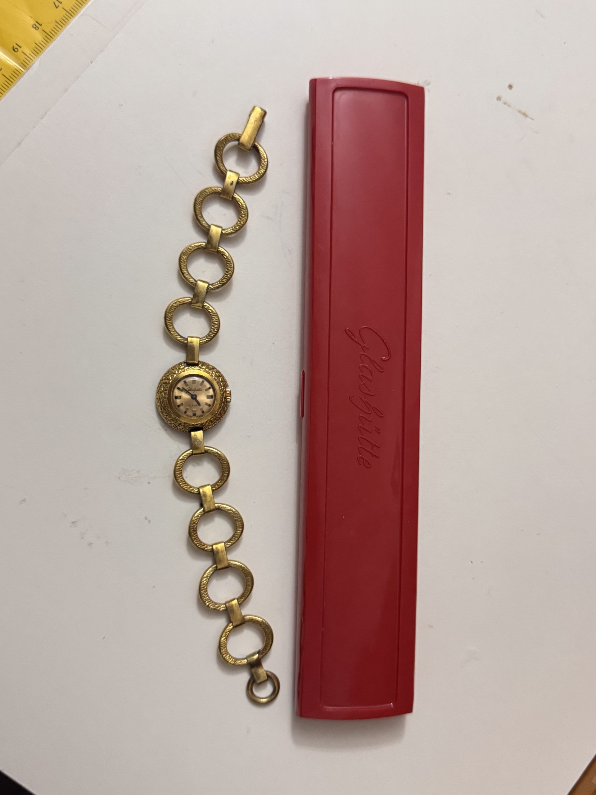 Glashütte Gold Textured Link Bracelet Watch Vintage Premium 1