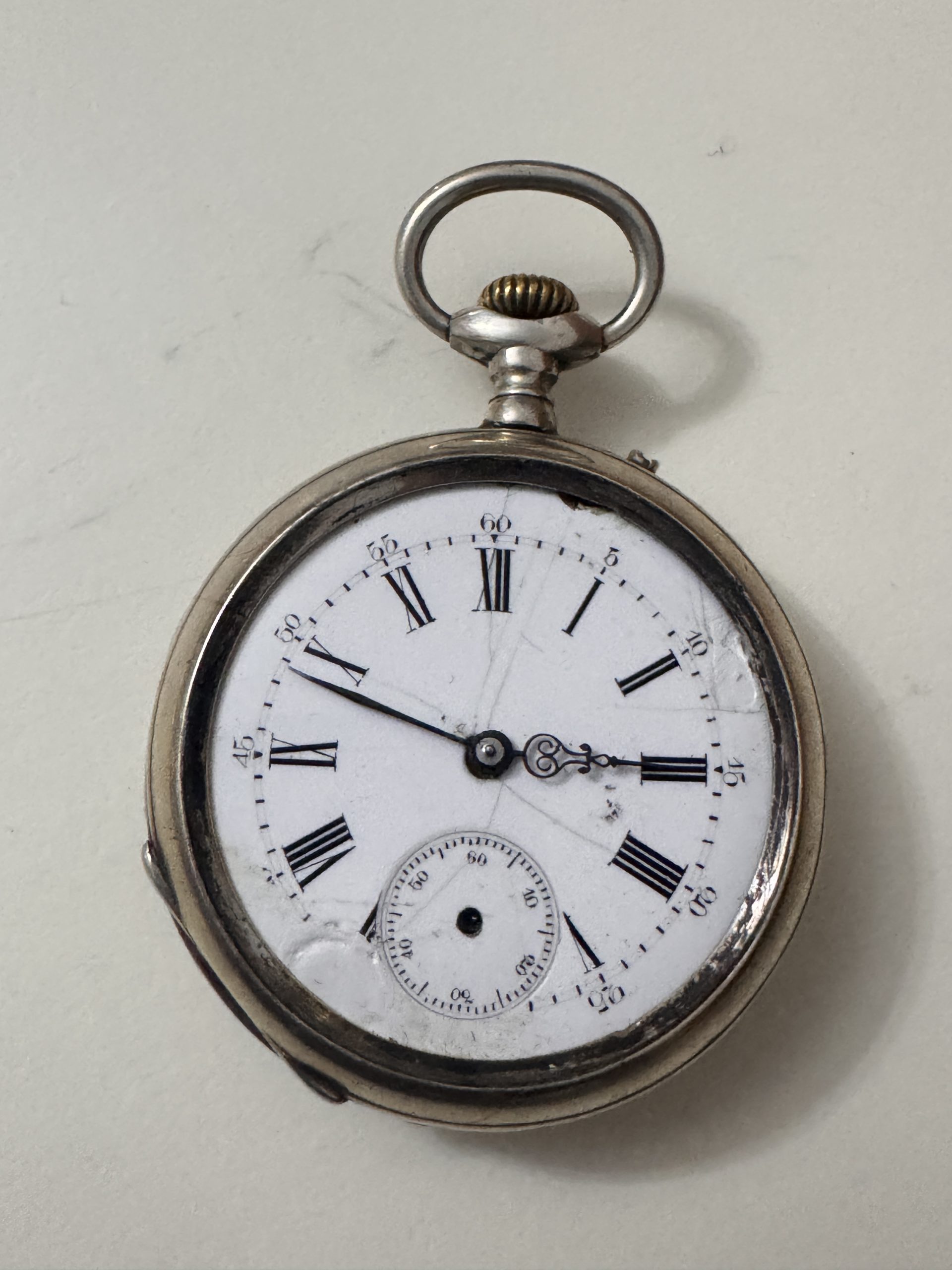 Remontoir Silver Pocket Watch Vintage Cracked Face Watch - 8