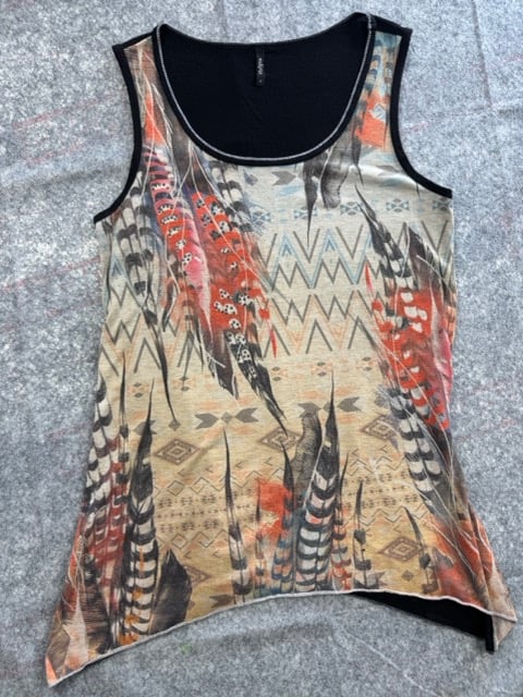 Edyta Black & Multi Feather Print Sleeveless Top M