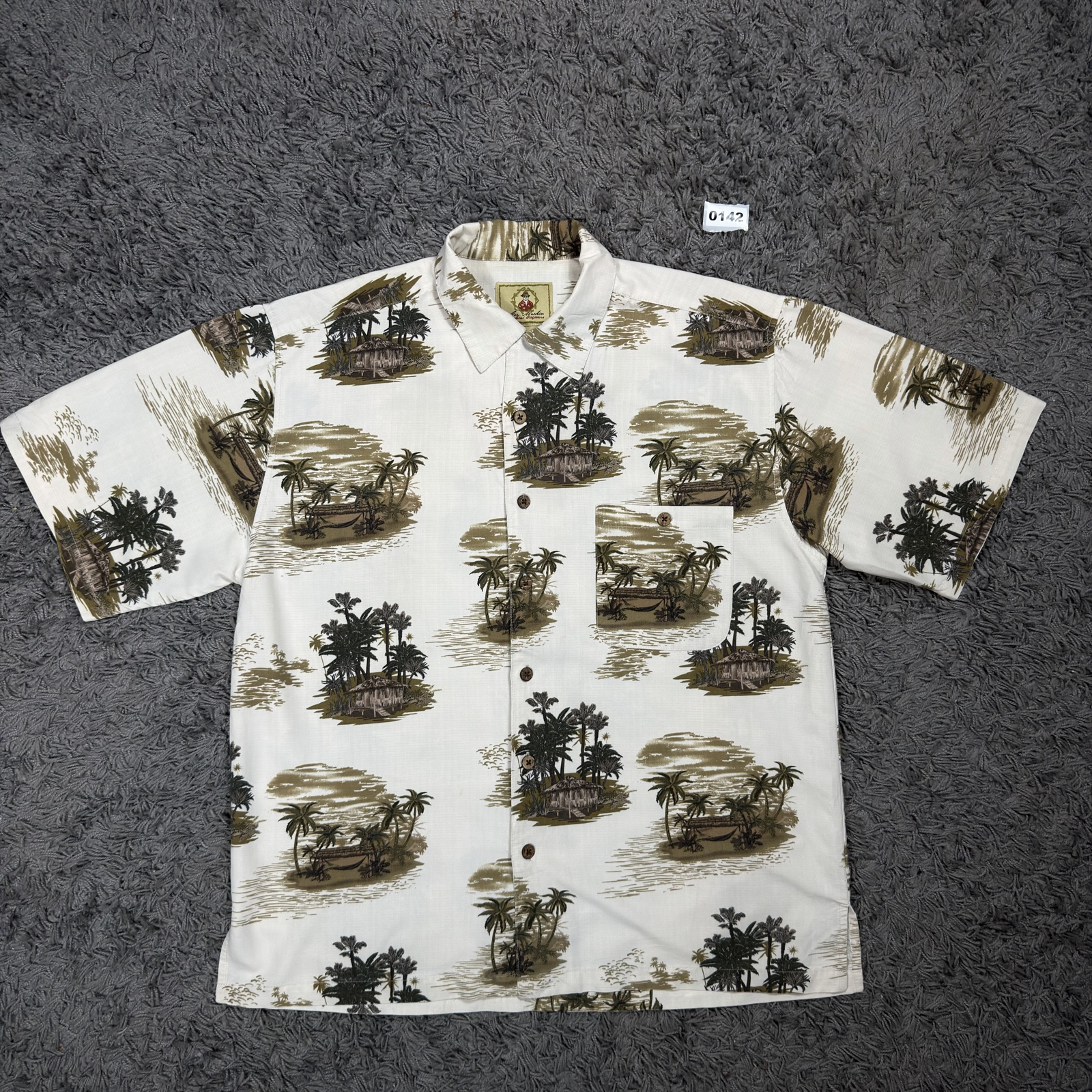 Joe Marlin Vintage Print Short Sleeve Shirt Large White & Brown Rayon Blend