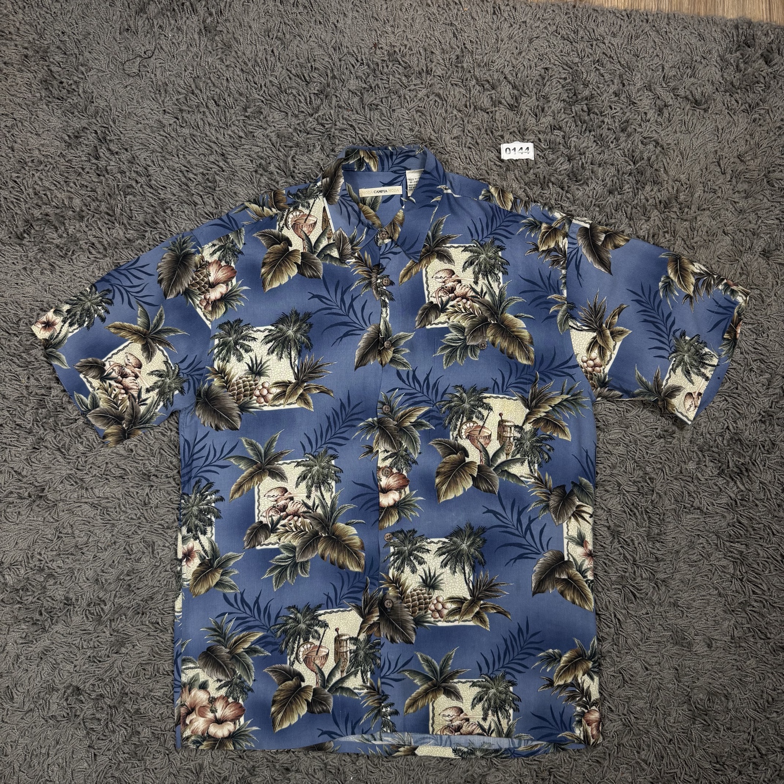 Moda Campia Vintage Rayon Hawaiian Shirt Blue Floral M