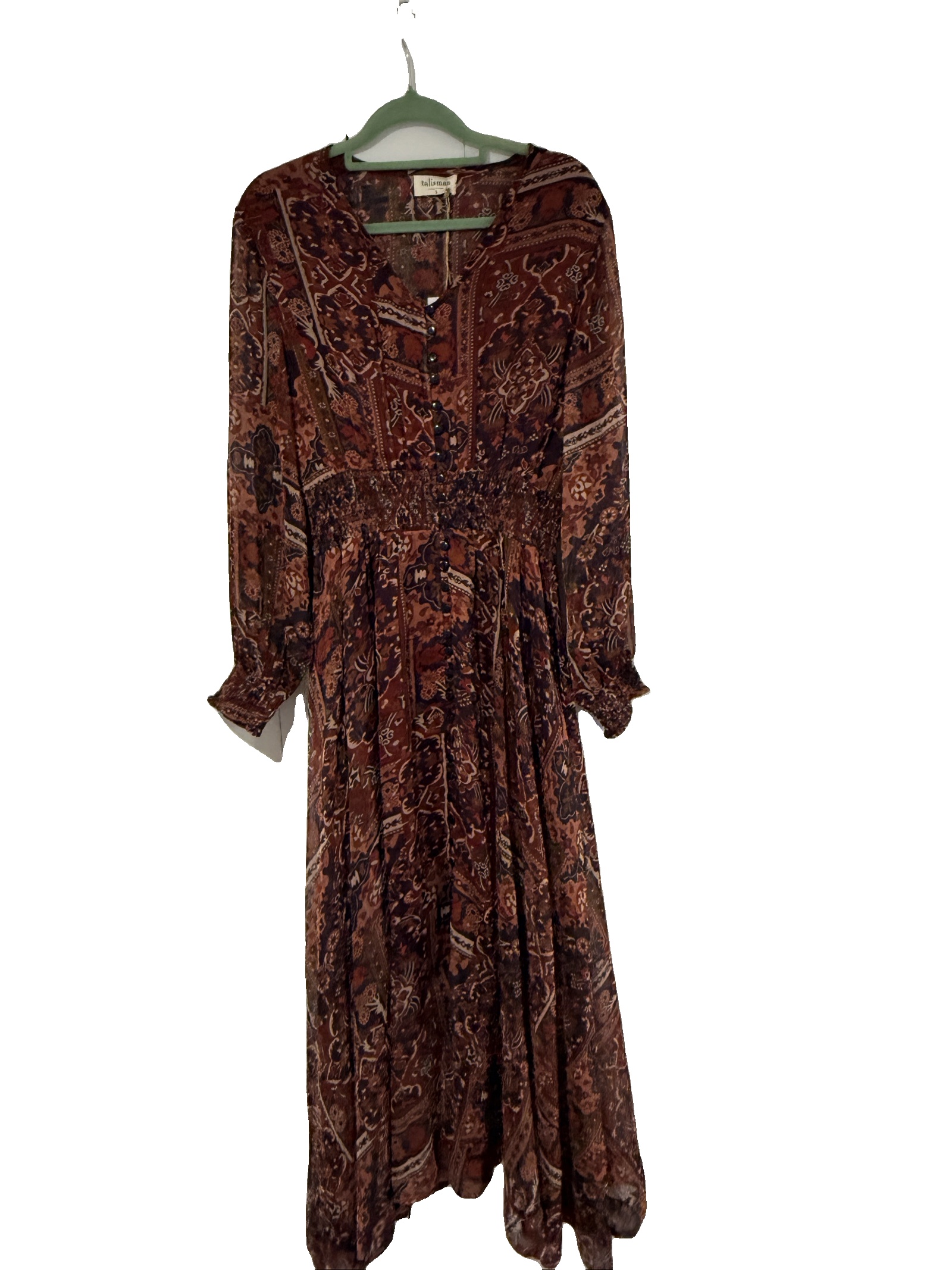 Talisman burgundy Floral boho Maxi Dress Small Sheer Long Sleeve