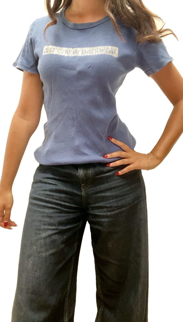 Vintage Y2K Just Cavalli Blue Ribbed T-Shirt Medium Logo Detail
