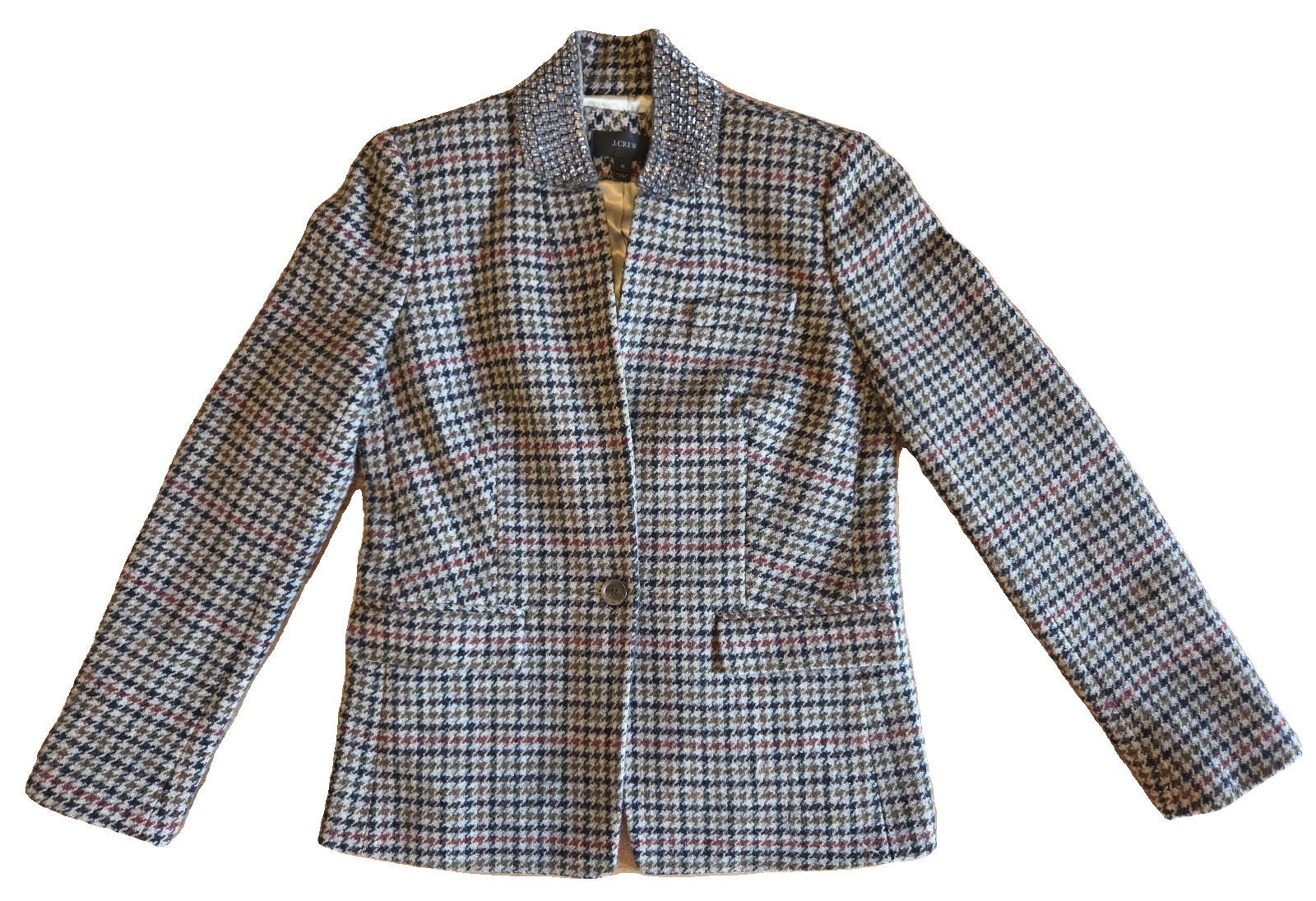 J.Crew Multi Check Wool Blazer Size 10 Crystal Collar Detail