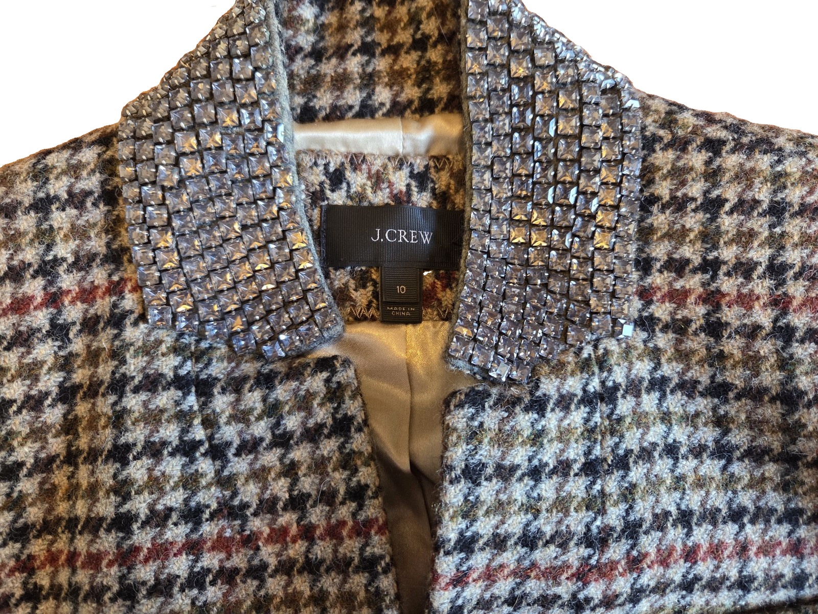 J.Crew Multi Check Wool Blazer Size 10 Crystal Collar Detail image 2