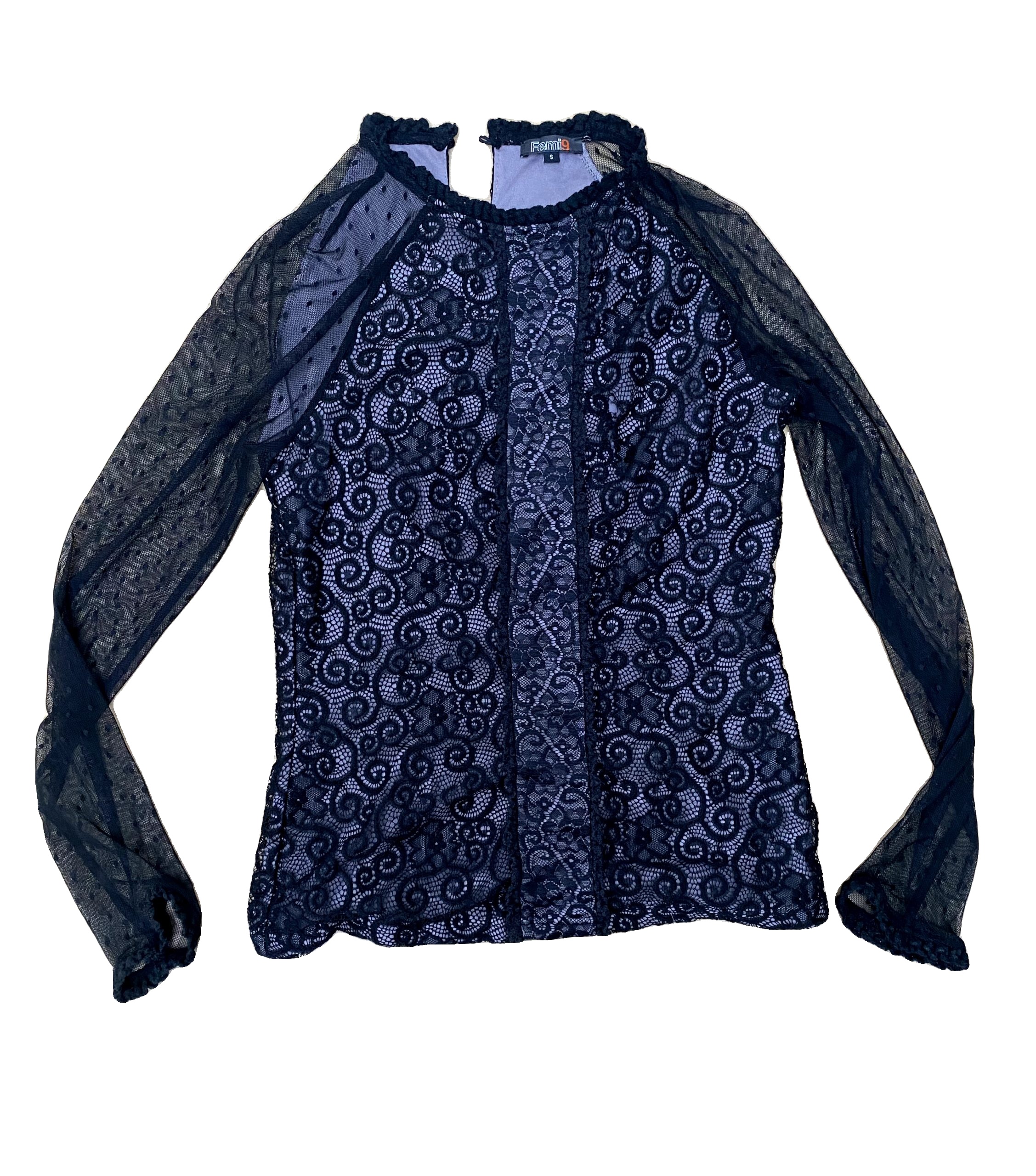 Femi9 Black Lace Top Small Sheer Polka Dot Sleeve image 2