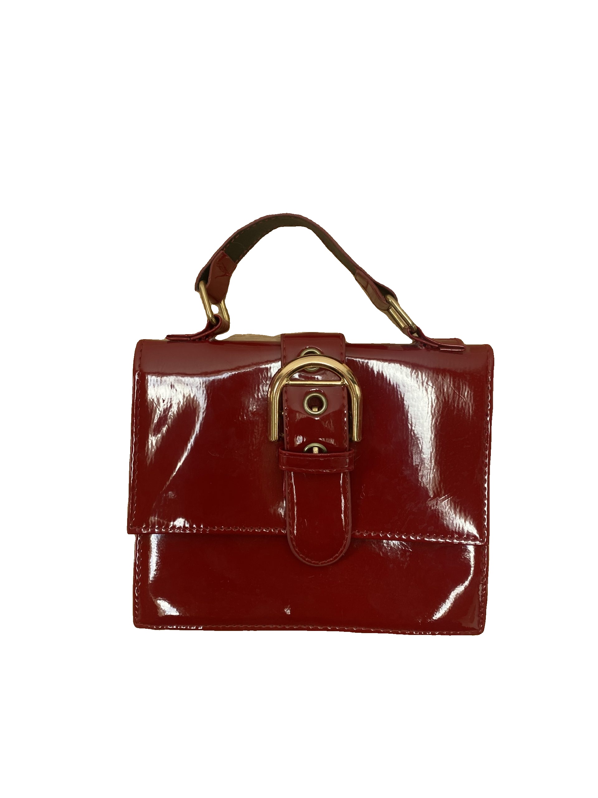 Red Patent Leather Mini Handbag with Gold Buckle