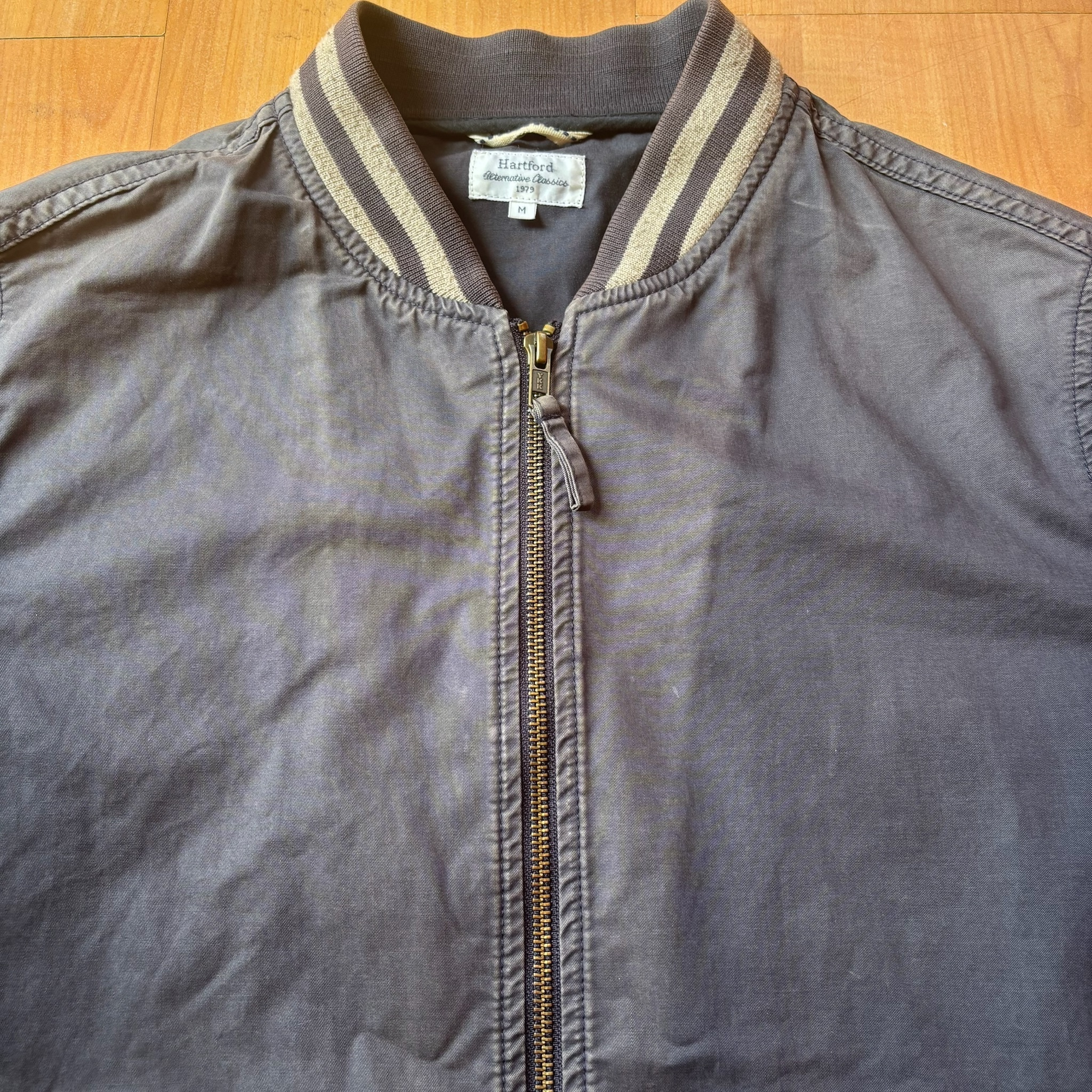 Vintage Faded Hartford Navy Blue Bomber Jacket Medium Striped Rib Cuffs image 5