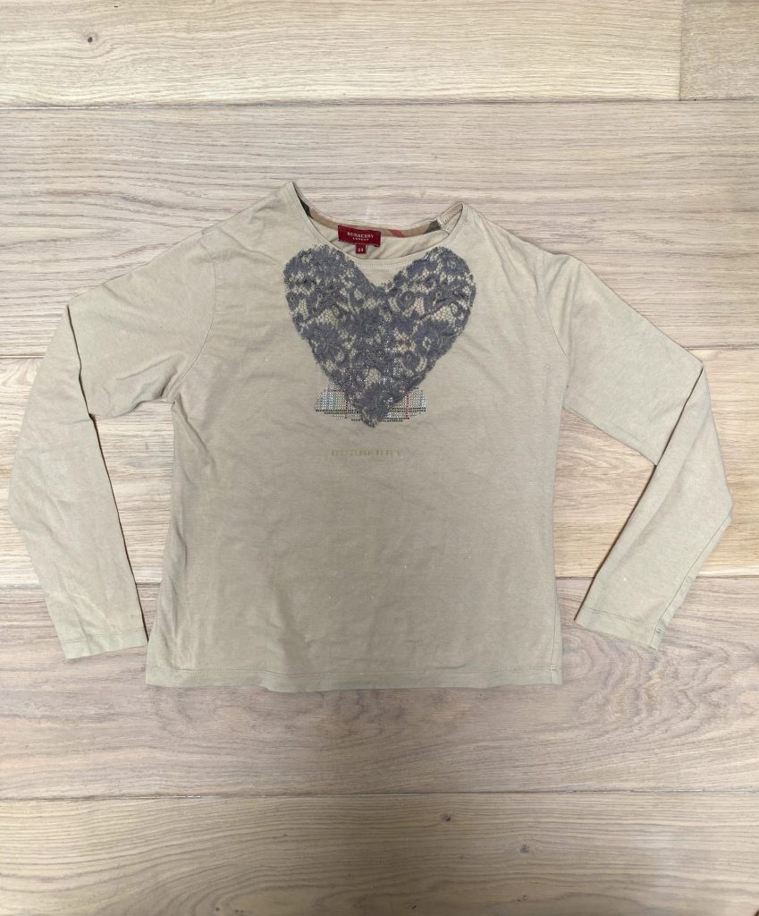 Y2K Vintage Burberry Beige Lace Heart Long Sleeve Top UK 10-12