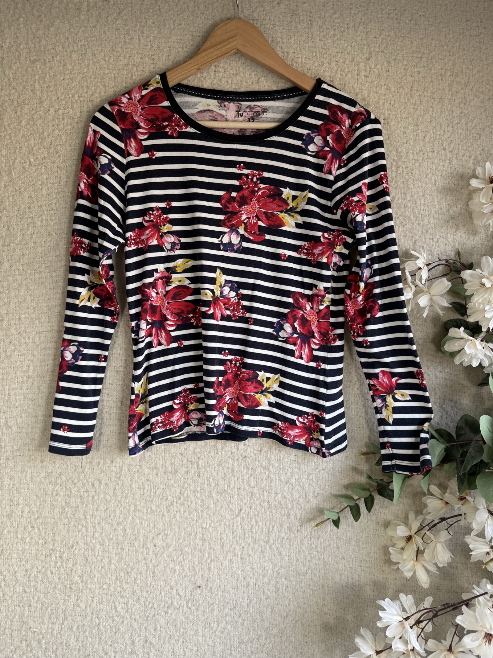 Tu Navy & White Striped Floral Print Cotton Top UK 12 Long Sleeve Casual Shirt