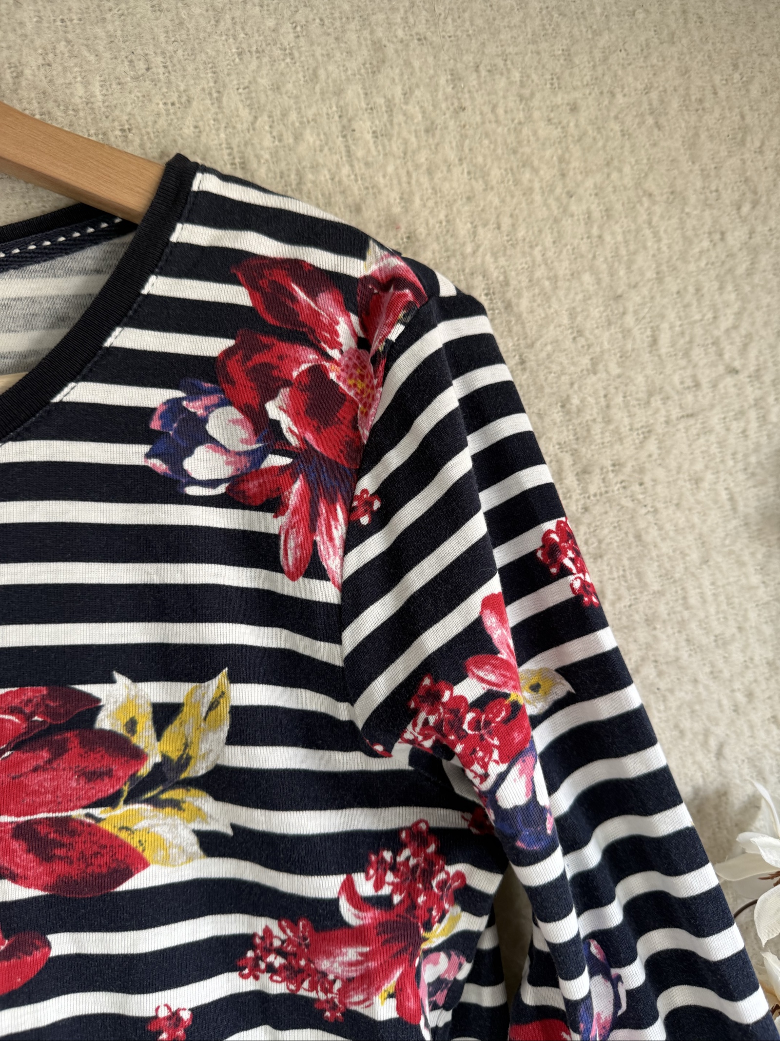 Tu Navy & White Striped Floral Print Cotton Top UK 12 Long Sleeve Casual Shirt image 2