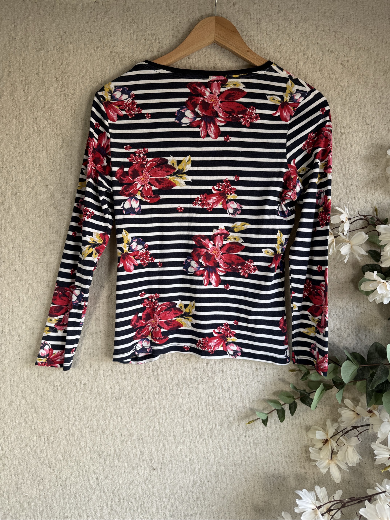 Tu Navy & White Striped Floral Print Cotton Top UK 12 Long Sleeve Casual Shirt image 4