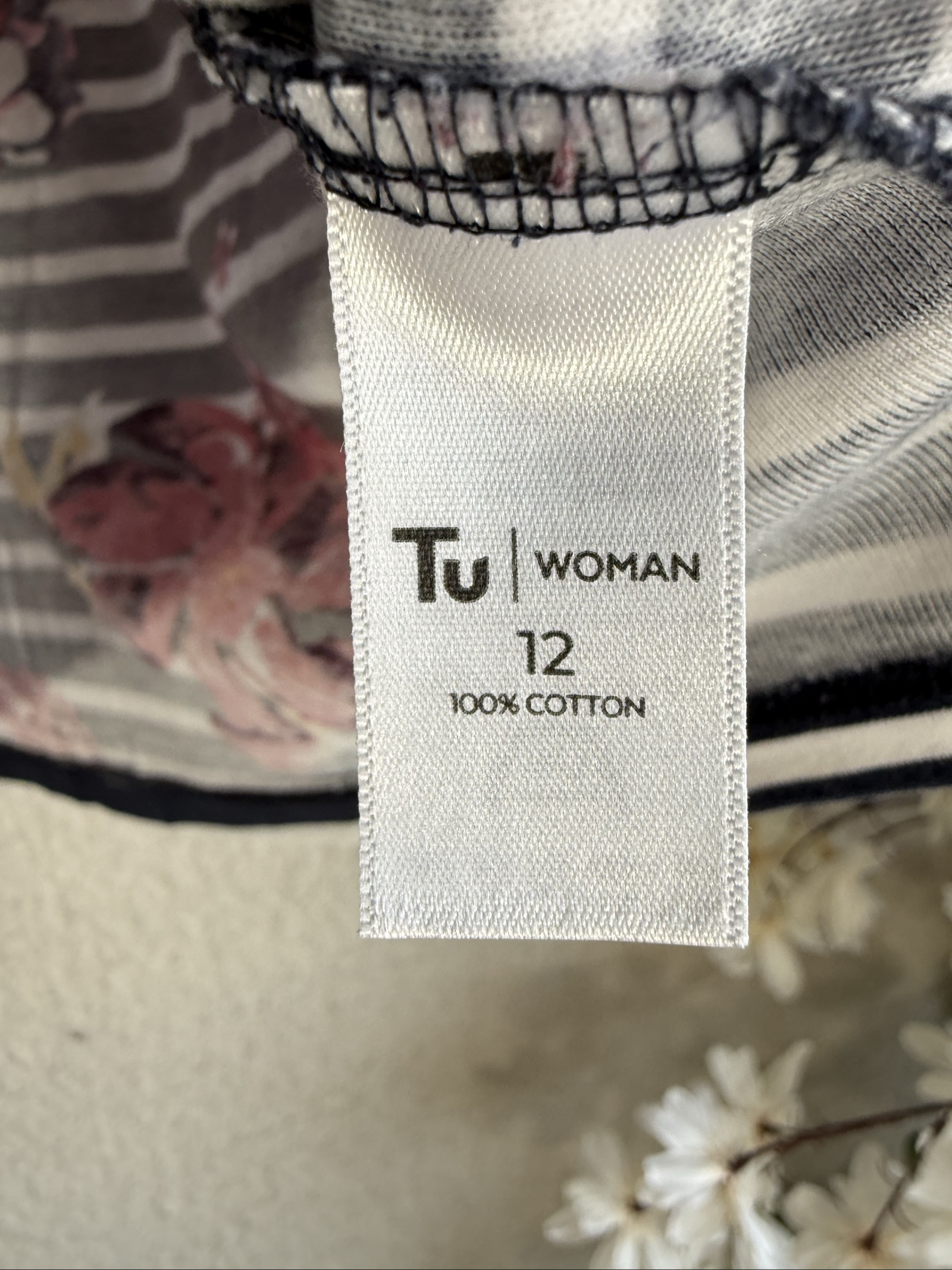 Tu Navy & White Striped Floral Print Cotton Top UK 12 Long Sleeve Casual Shirt image 5