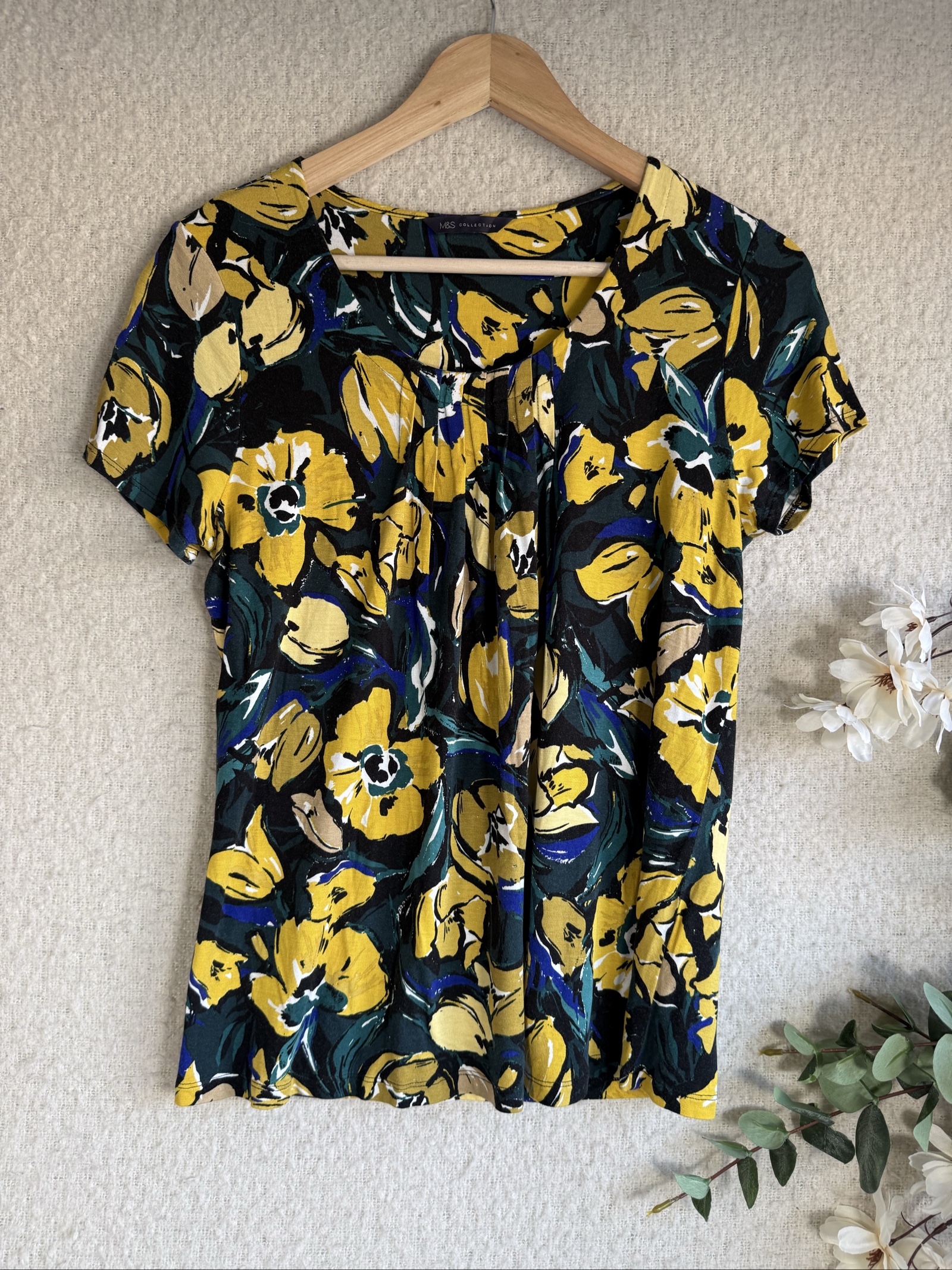 M&S Green Mix Floral Print Top UK 10 Lightweight Soft Cotton Blend Shirt