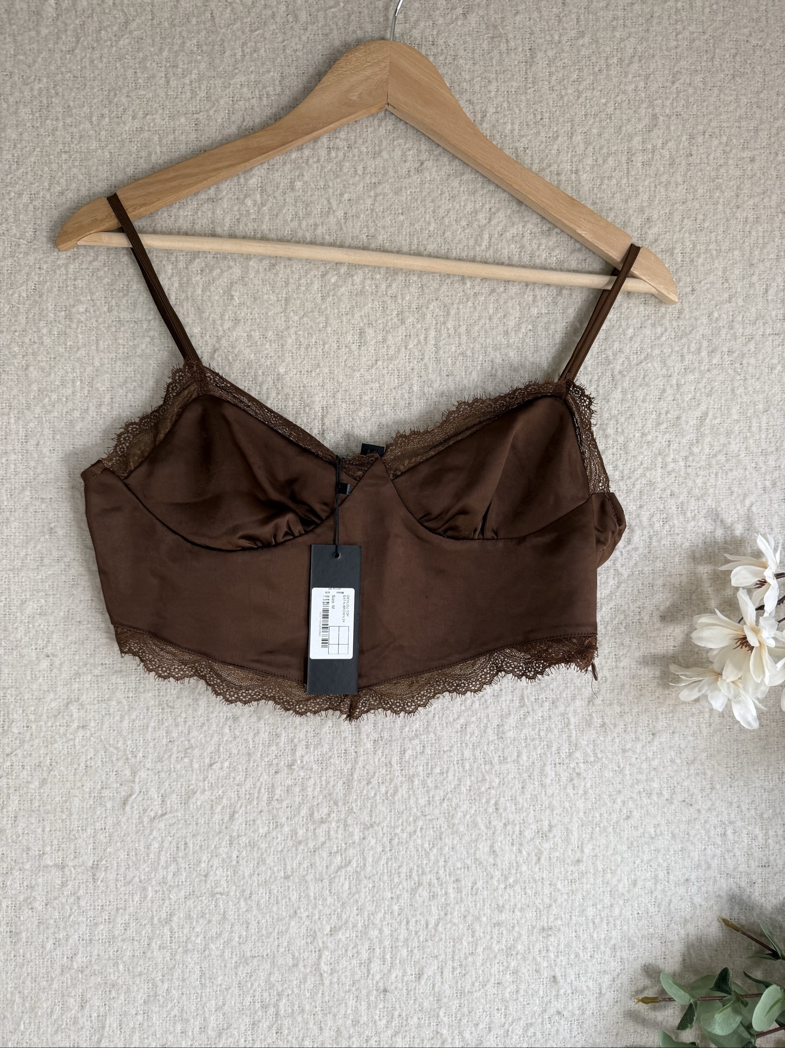Motel Satin Brown Lace Trim Crop Top Brown Medium Soft Satin Crop Top