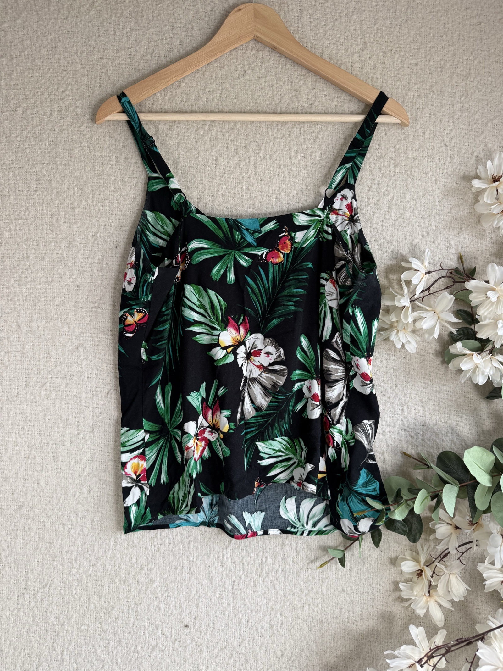 F&F Black Floral Print Sleeveless Cami Top UK 12 Summer Casual V-Neck image 4