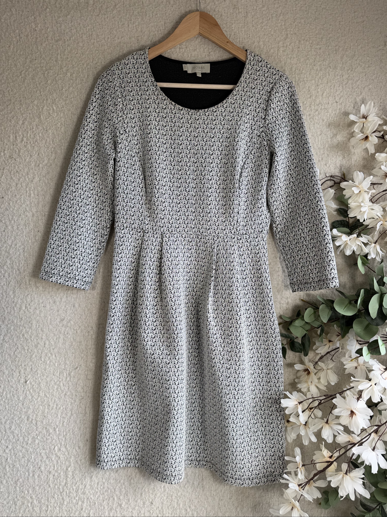 Hobbs Black & White Floral Patterned Long Sleeve Dress UK 10 Classic Fit