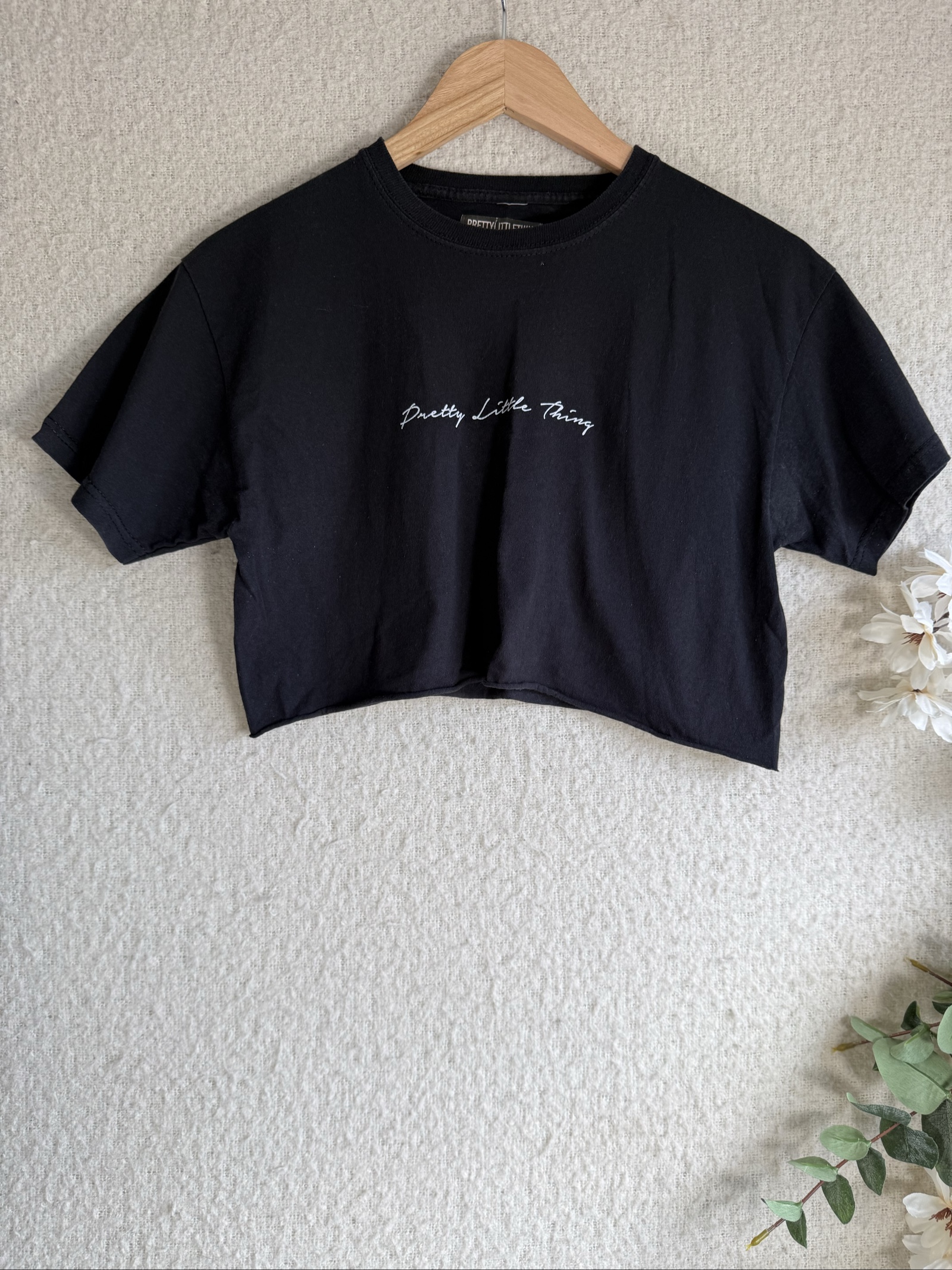 PrettyLittleThing Black Crop T-Shirt UK 8 Cotton Casual Summer Top